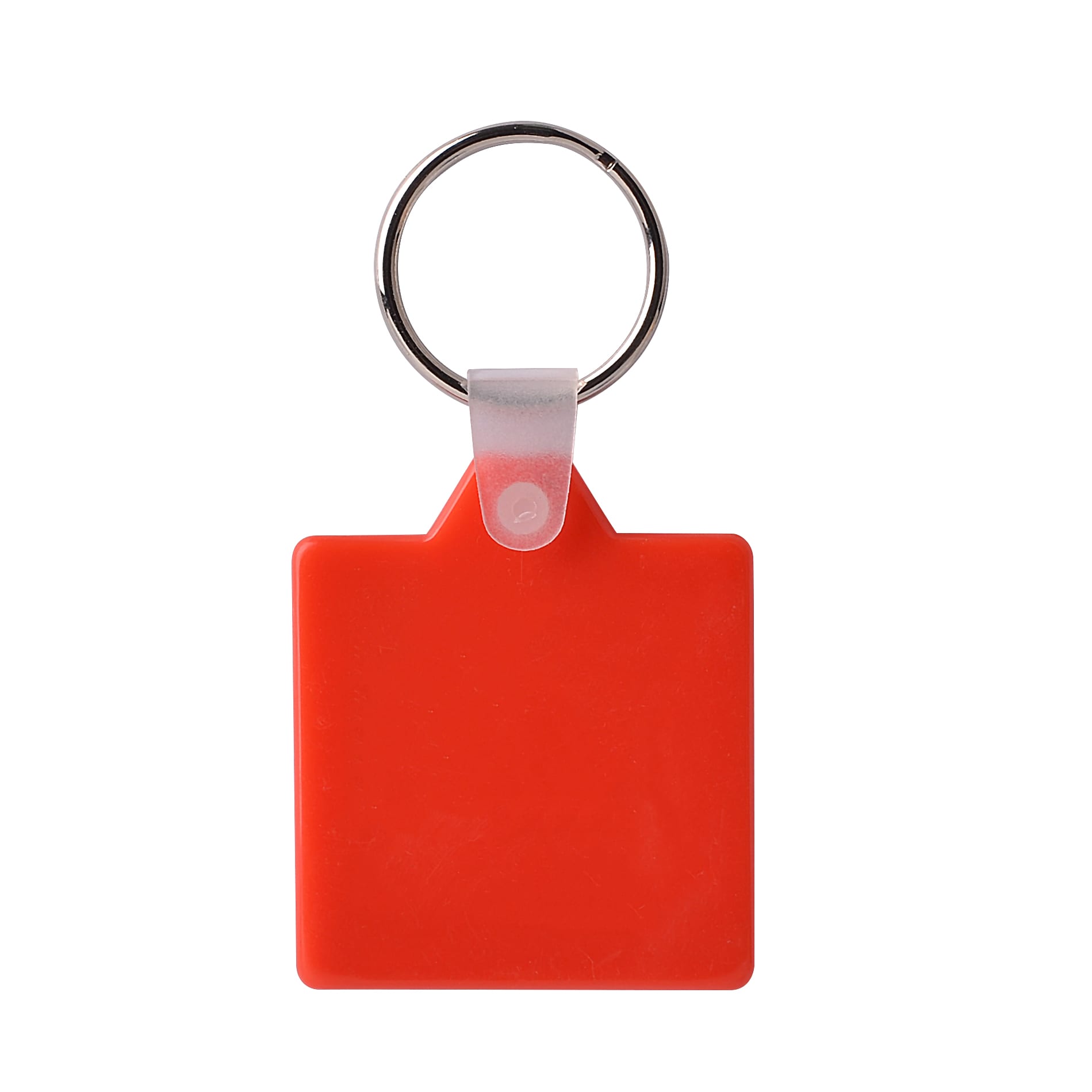 A red square hard plastic keyring with a silver metal ring attachment.