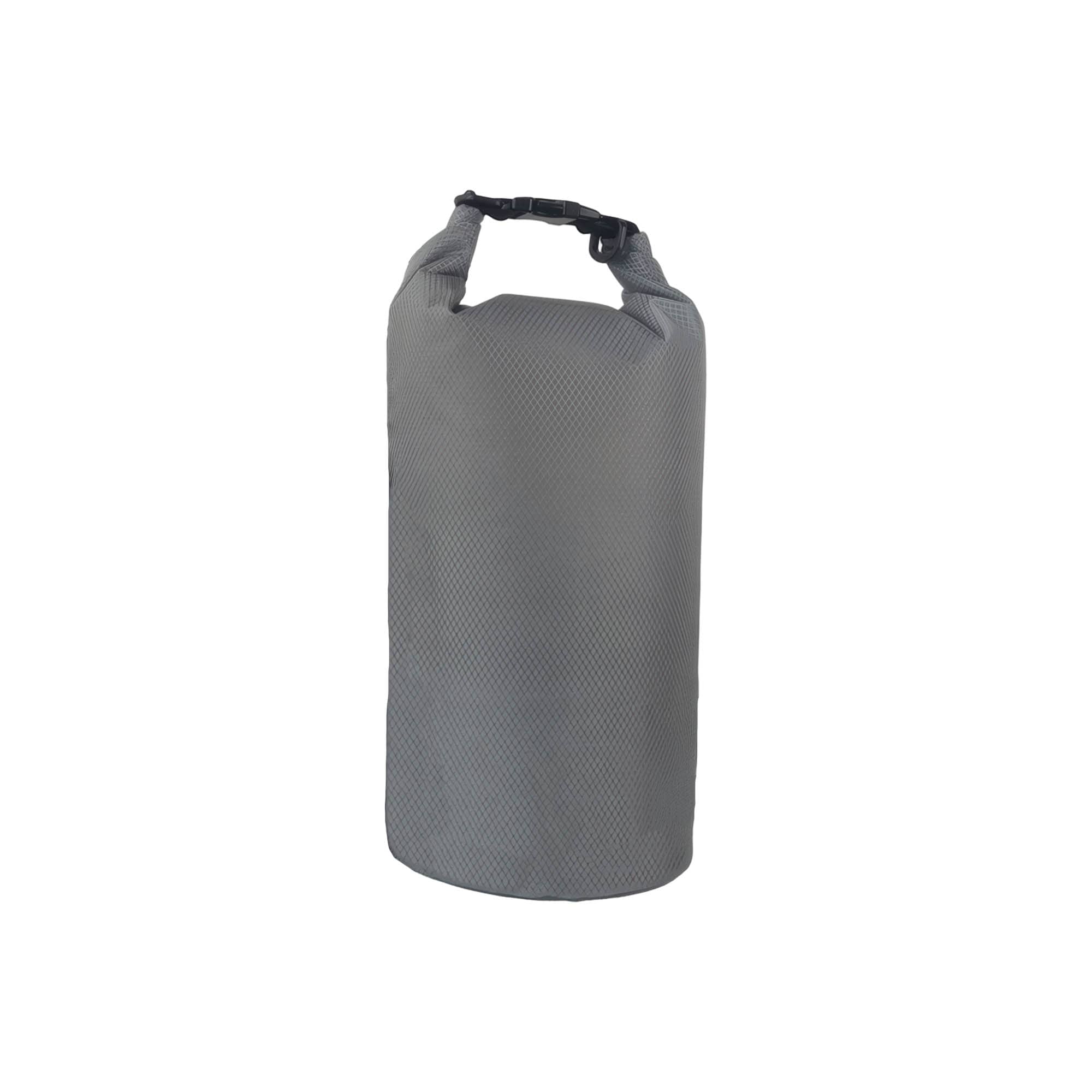 A grey Oxford cloth dry bag with a clasped handle at the top, featuring a textured surface.