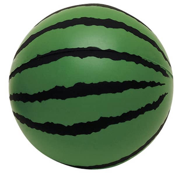 A green watermelon-shaped stress reliever with black stripes, featuring a smooth, rounded surface.