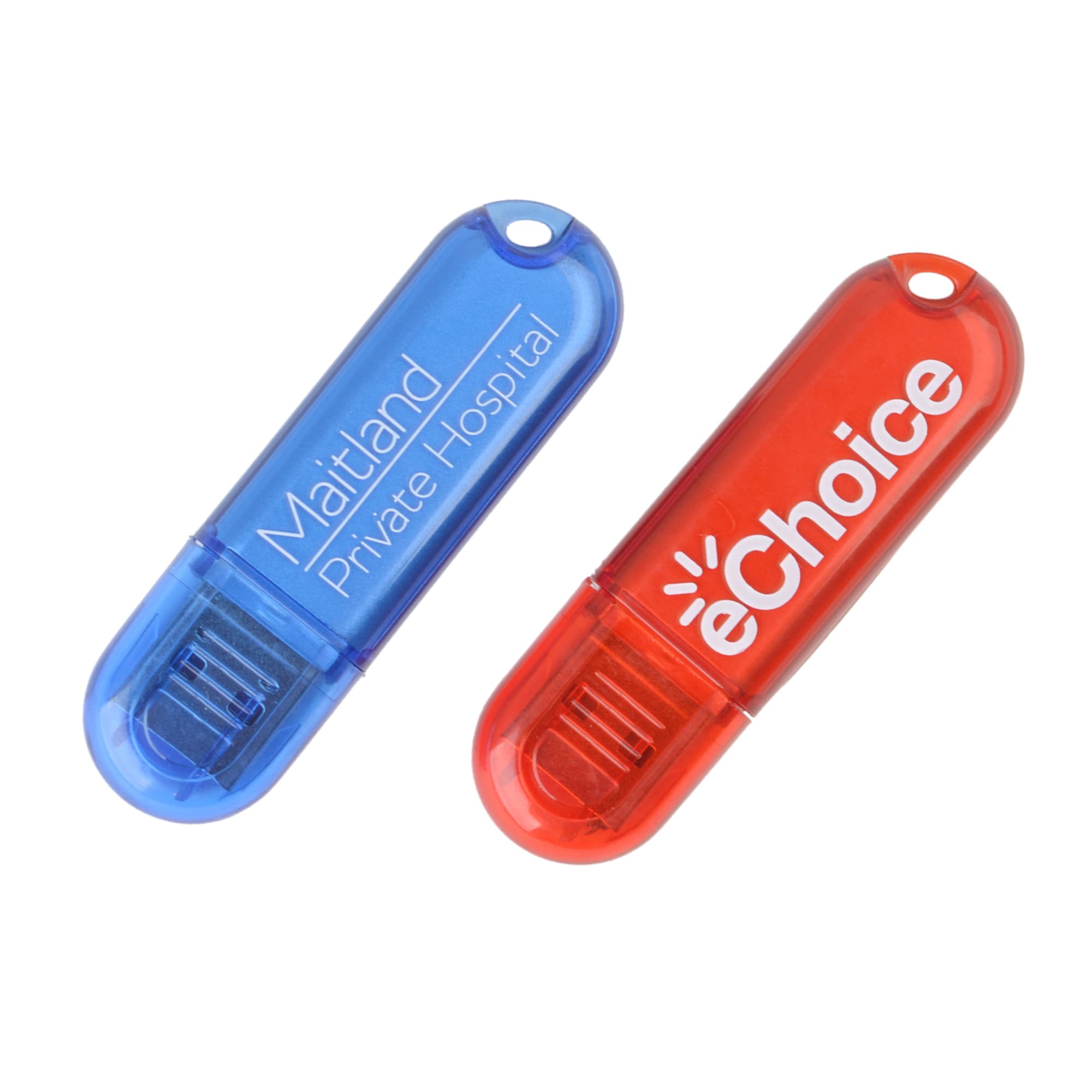 Two flash drives, one blue and one red, featuring logos on their cases.