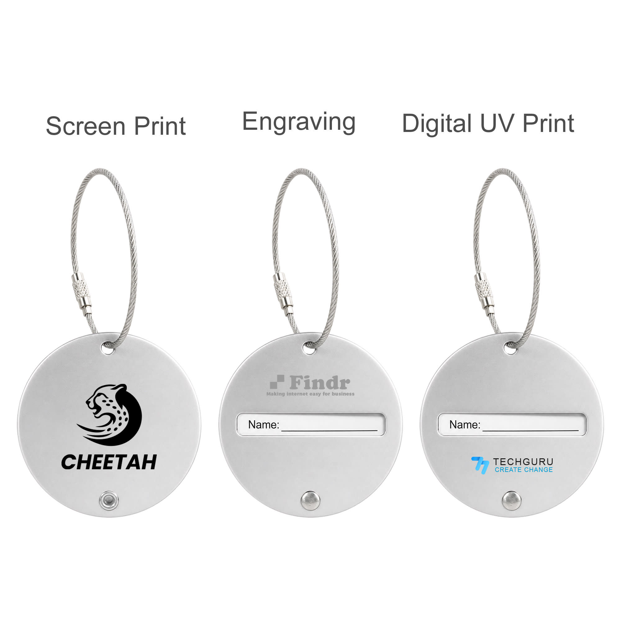 A set of three round wire cable luggage tags in silver, featuring different printing options and a space for names.