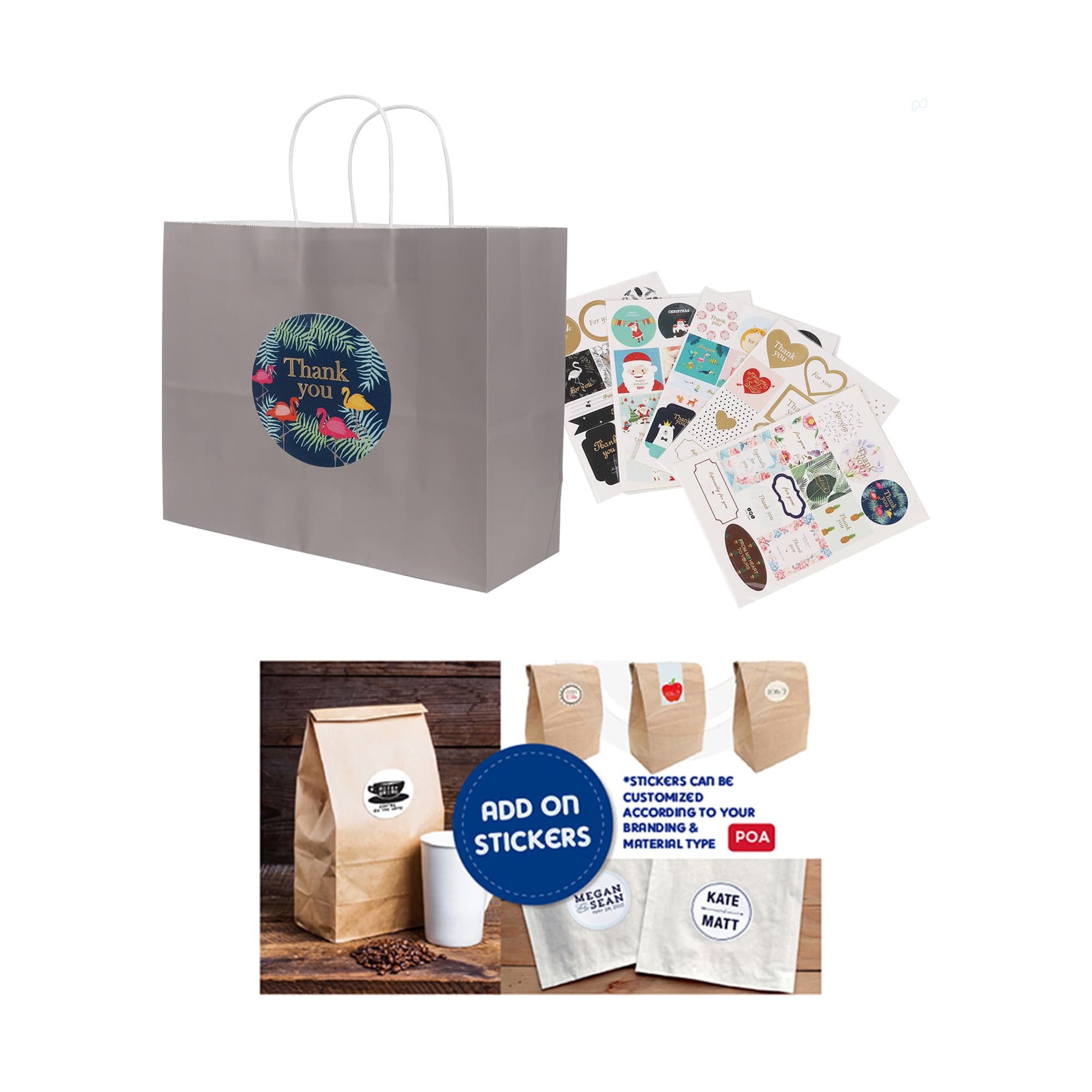 A grey kraft paper bag with a twisted handle and a circular logo, accompanied by various decorative stickers.