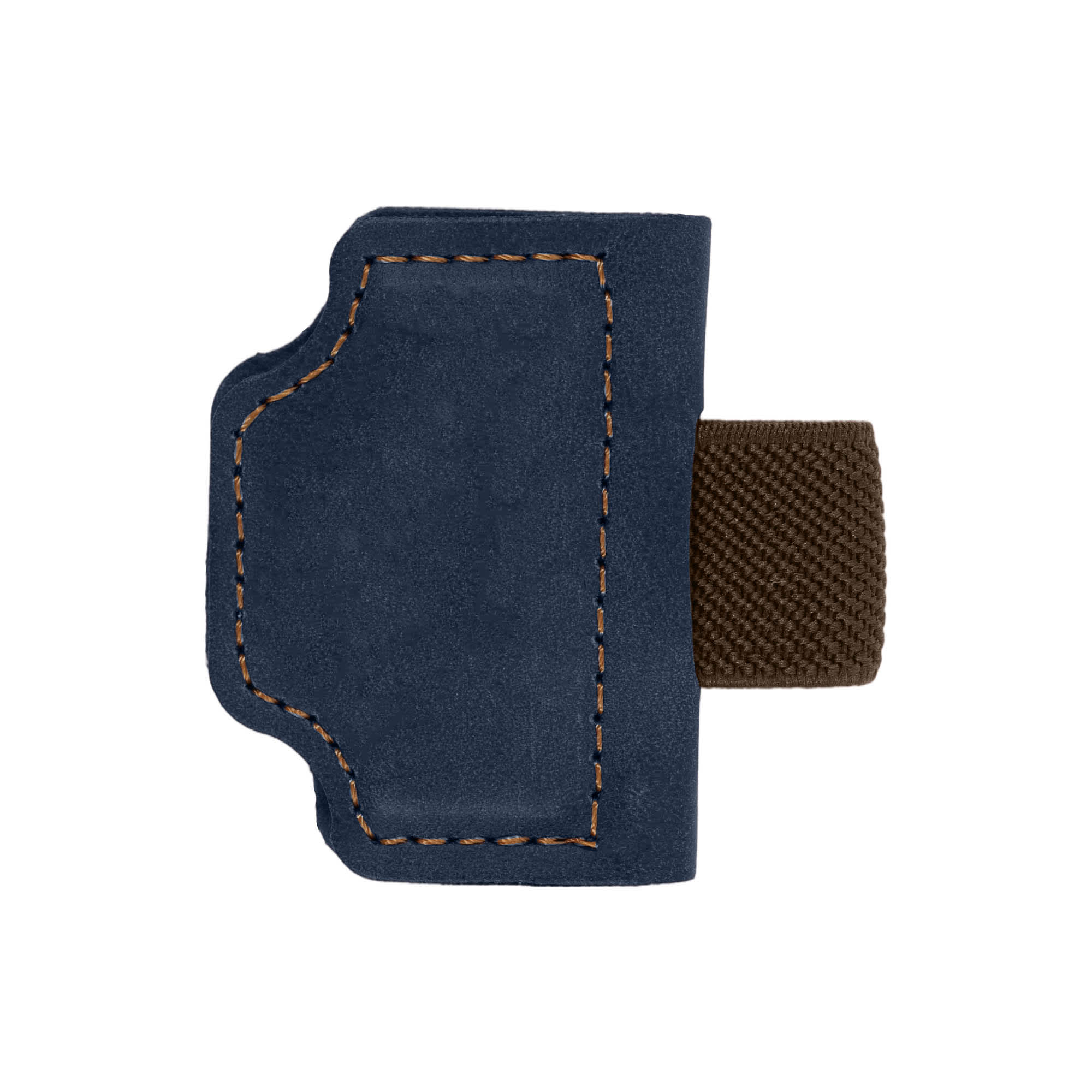 A navy blue magnetic bookmark with a pen clip, featuring brown stitching and a textured material.