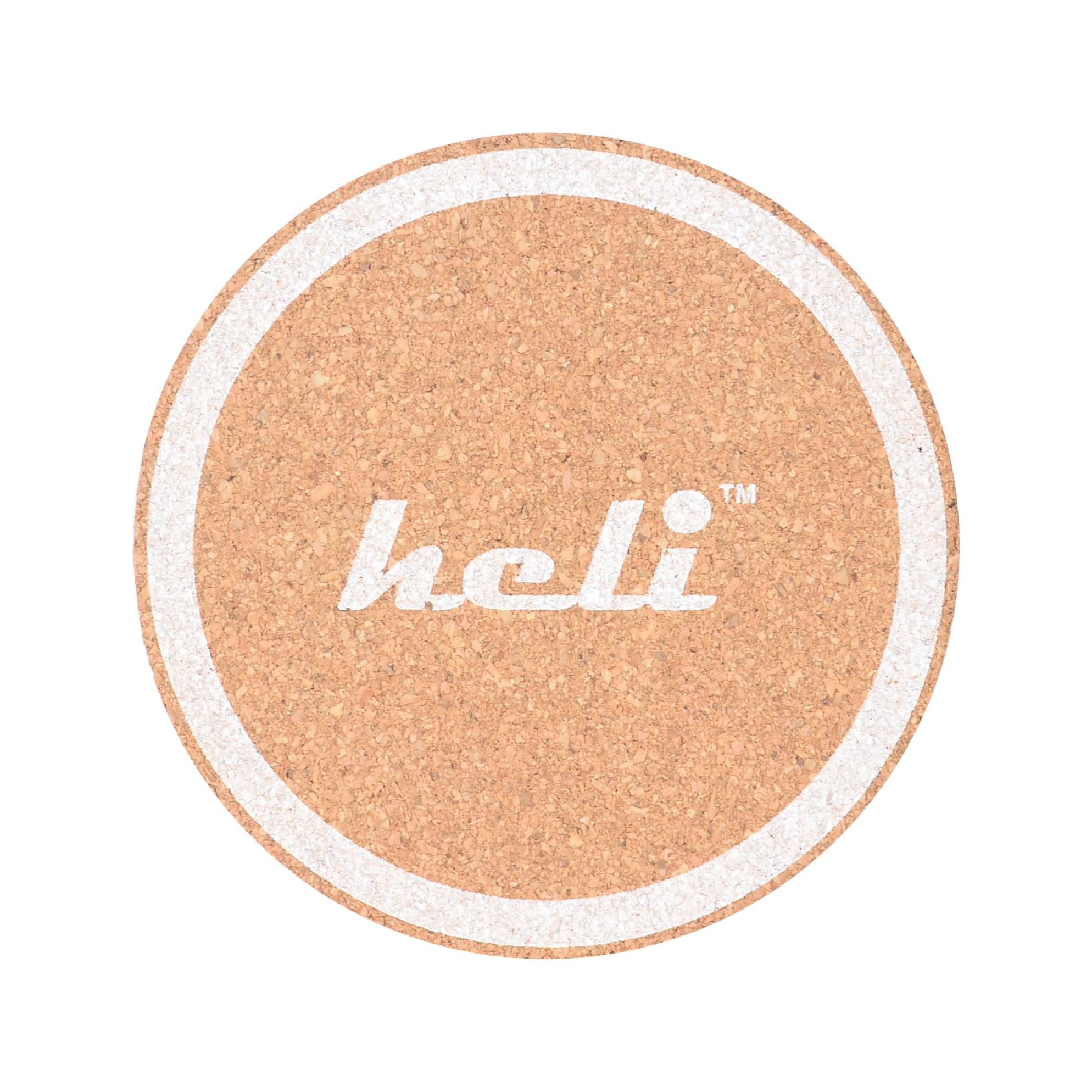 A round, natural cork coaster with a light design and a logo in the centre.