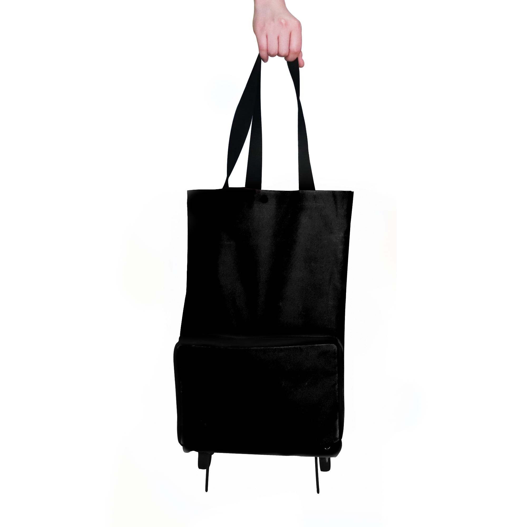 A black collapsible shopping trolley bag with handles, featuring a large main compartment and a smaller front pocket.