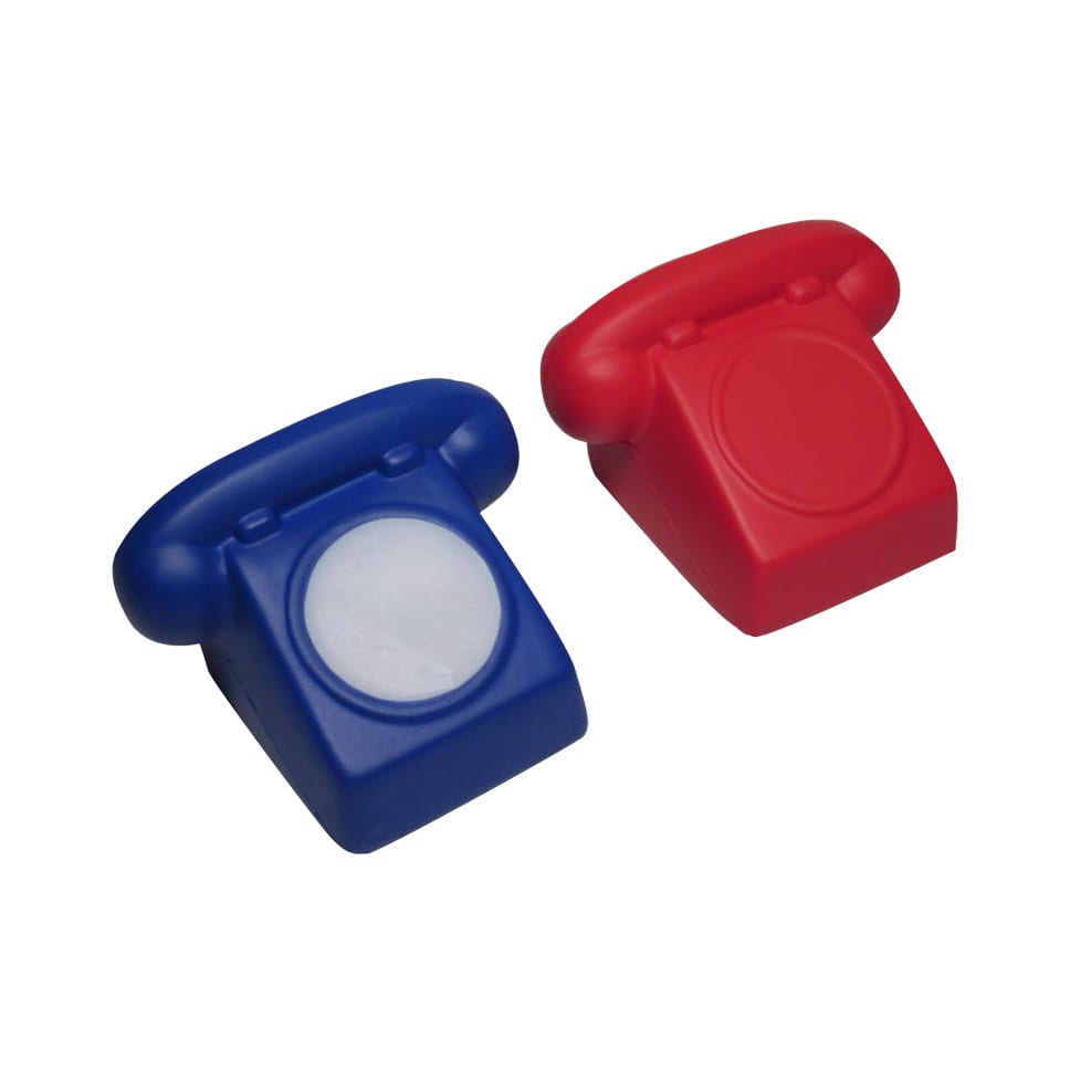 A red and blue classic phone-shaped stress reliever with a circular button on top. Features a logo.