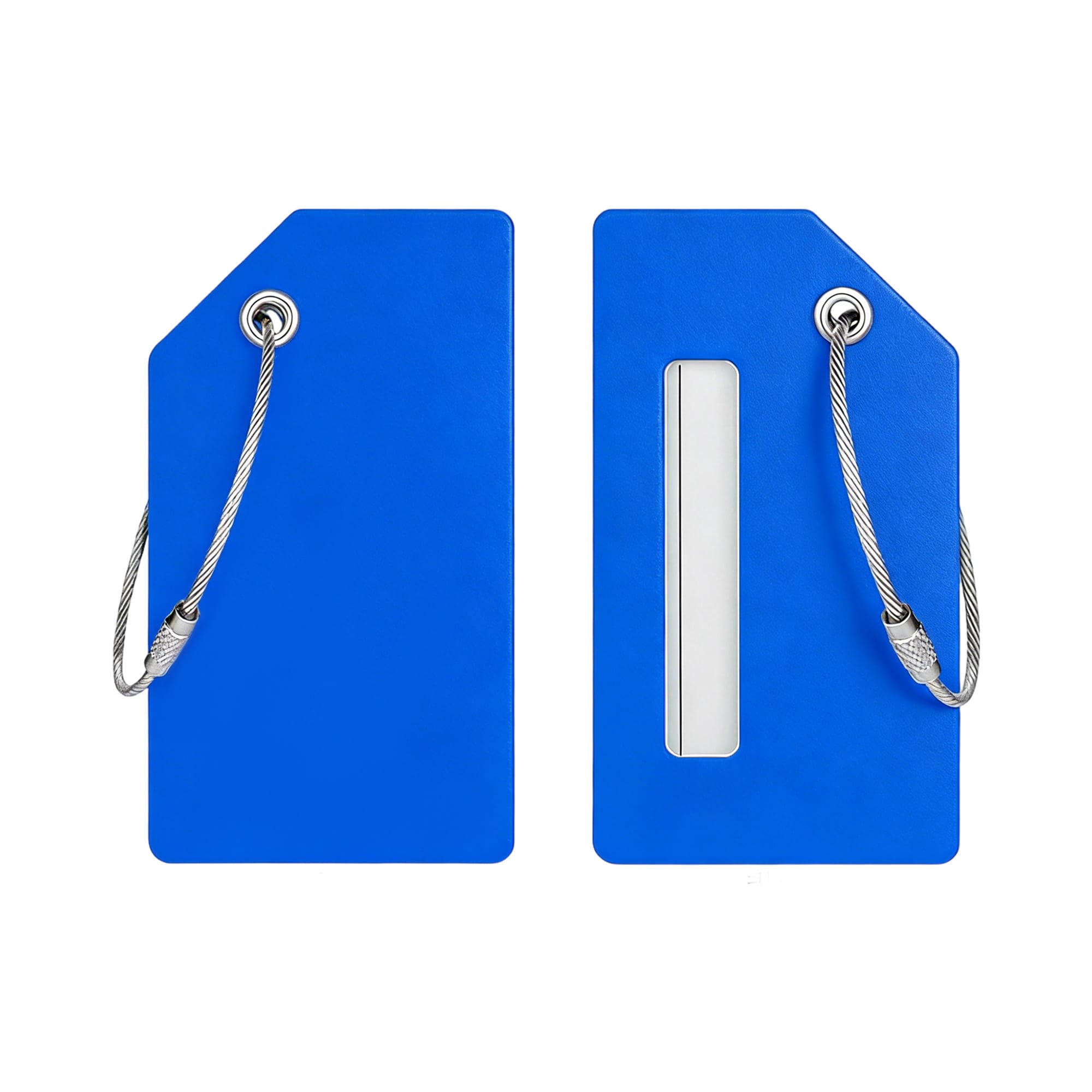 A blue soft silicone luggage tag with metal loops for attachment and a transparent window for information.