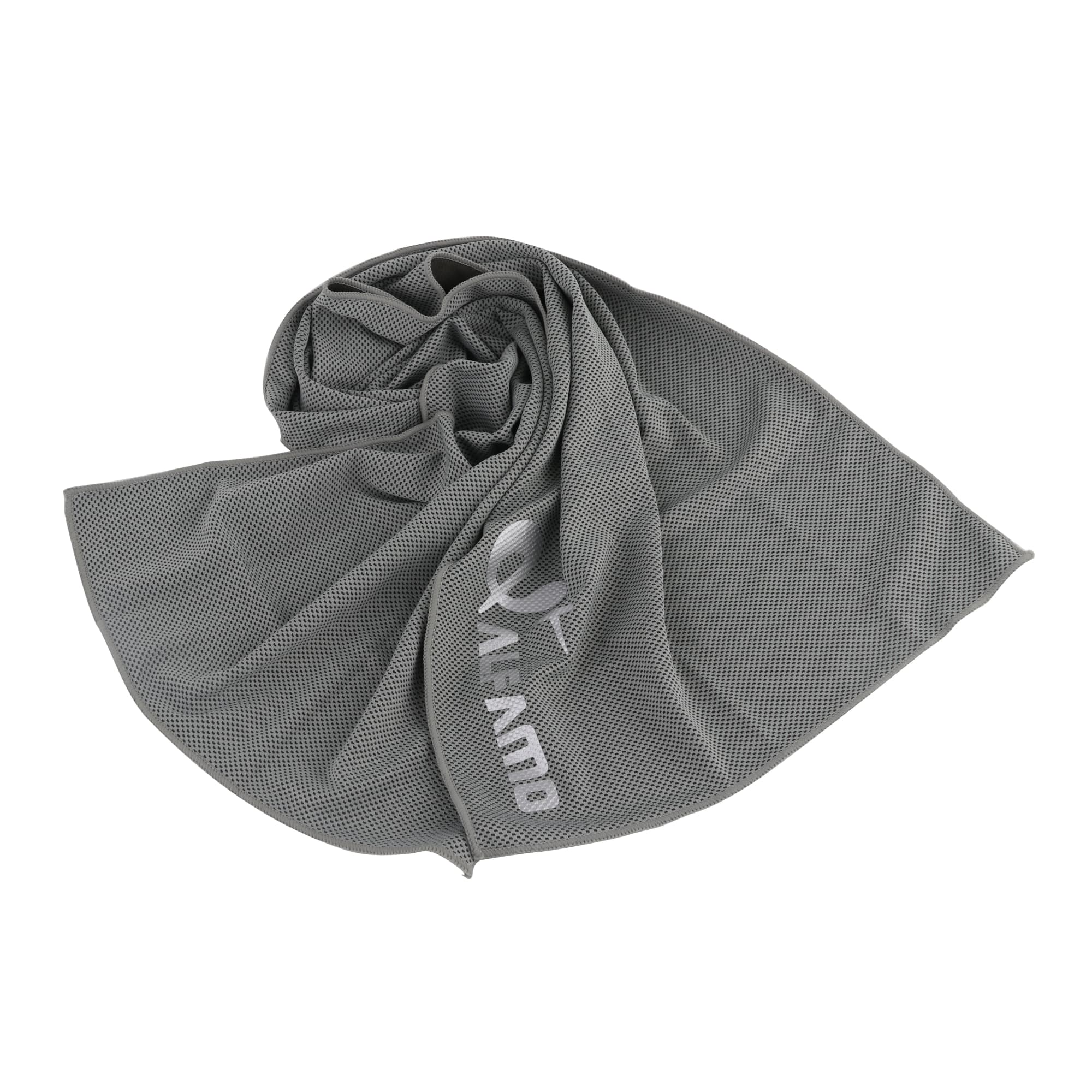 A grey cooling towel rolled into a compact shape, featuring a logo. Ideal for leisure and outdoor activities.