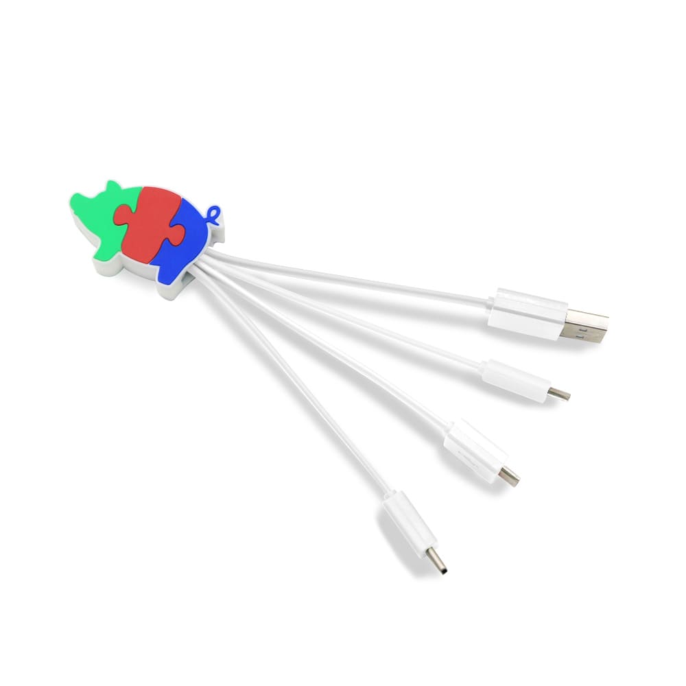 A custom PVC charging cable in the shape of a puzzle piece, featuring colours red, green, and blue, with multiple connectors.