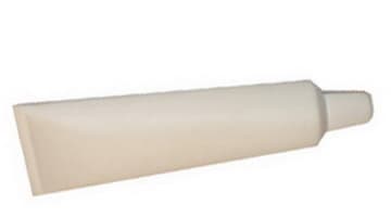 A white toothpaste-shaped stress reliever with a tapered end, featuring a logo on one side.