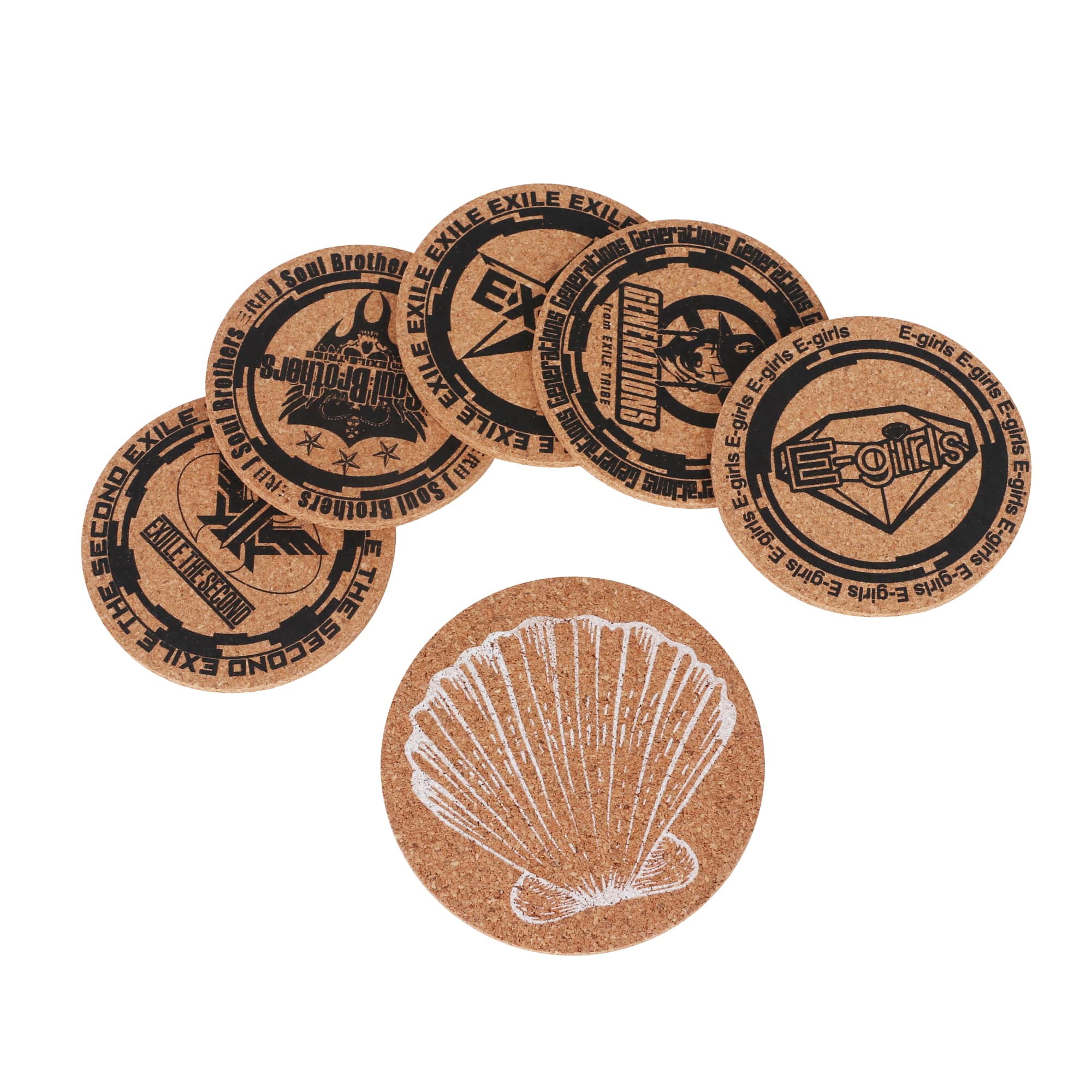 Eco-friendly cork coasters in various designs and colours, featuring a shell illustration and logos.
