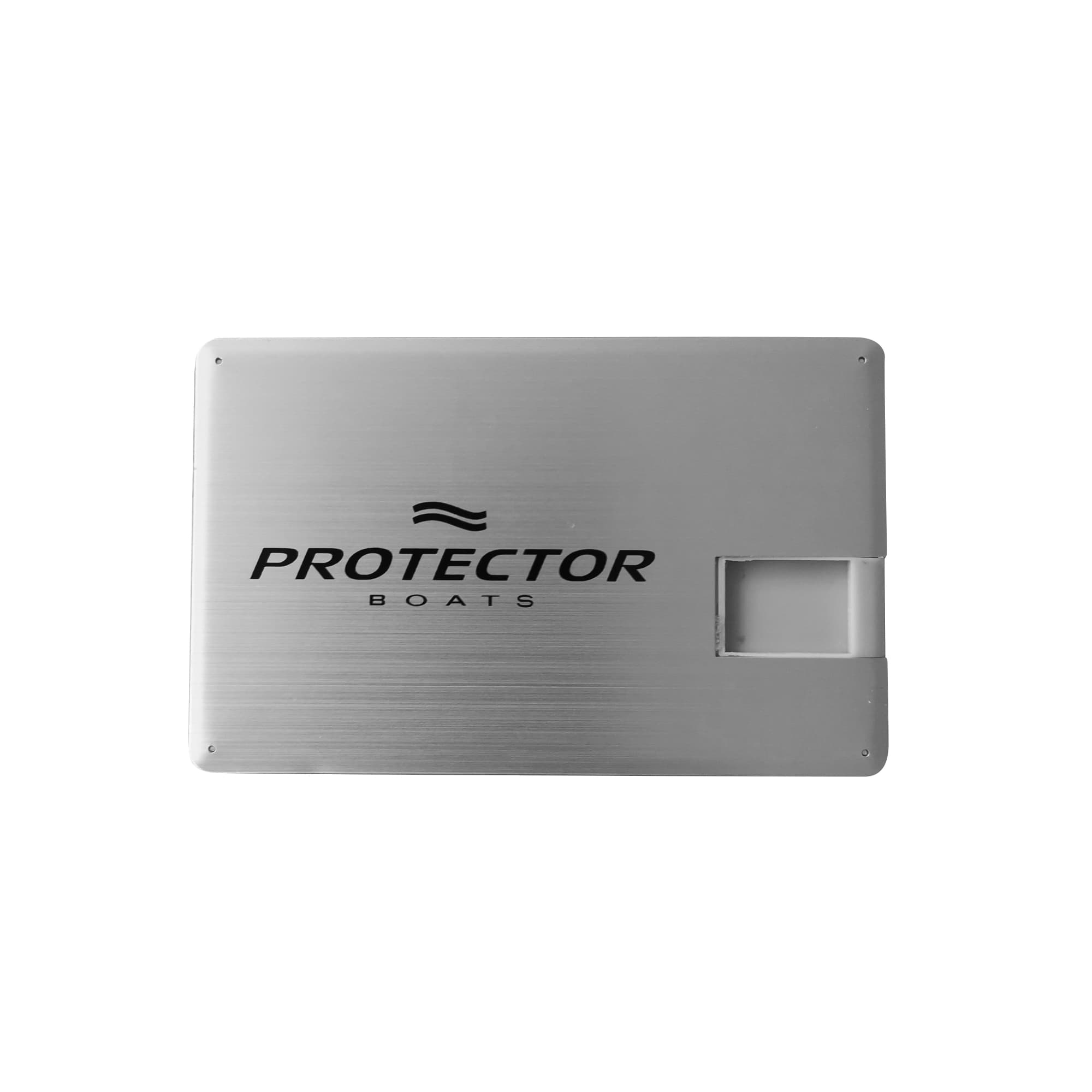 A sleek silver USB flash drive with an integrated swivel cover and a logo on the surface.