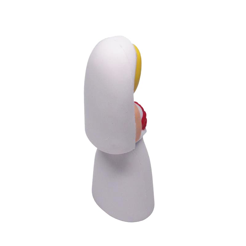 A white stress reliever shaped like a bride, featuring yellow hair and a red bouquet. It has a simple design.