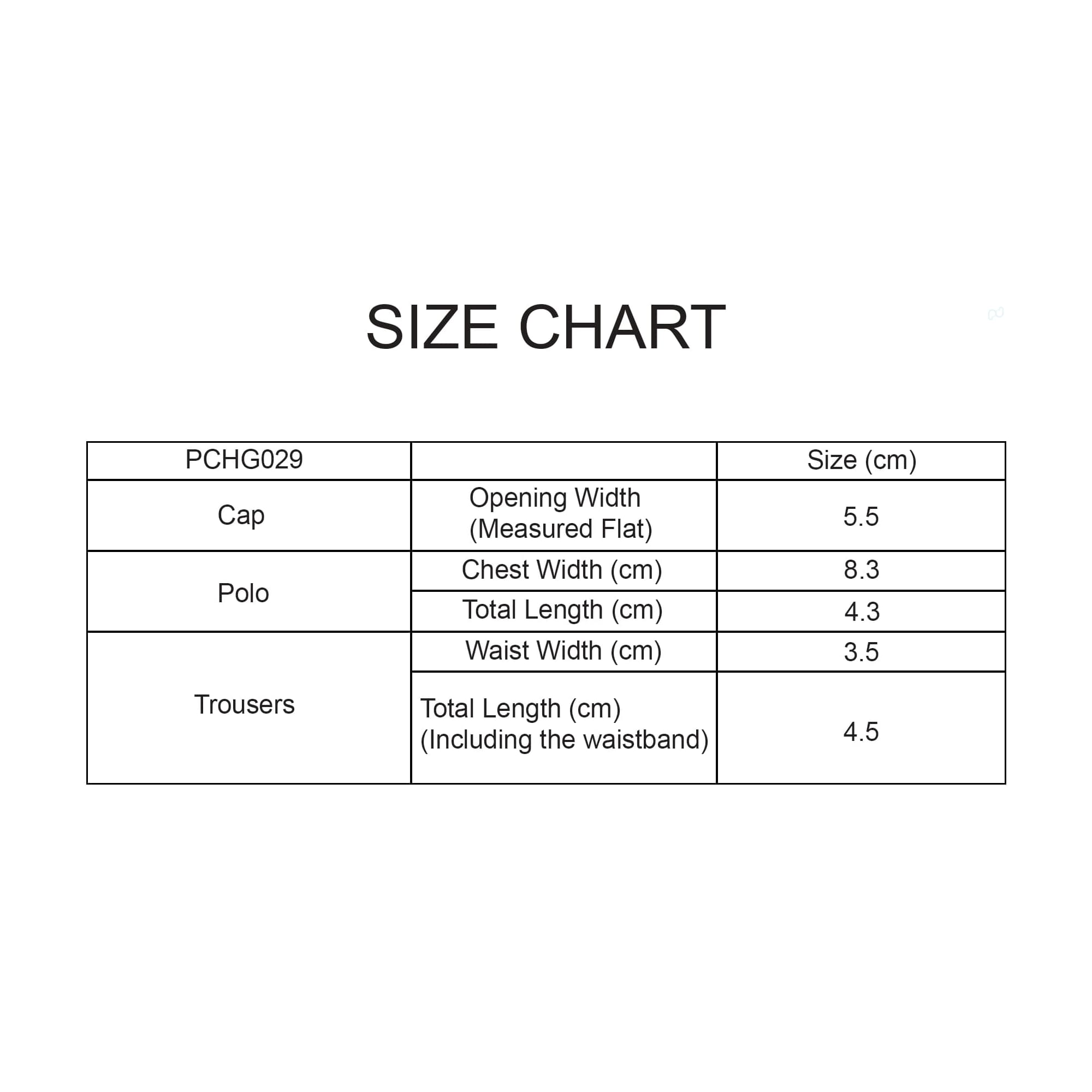 A size chart displaying measurements for a cap, polo, and trousers, in black text on a white background.