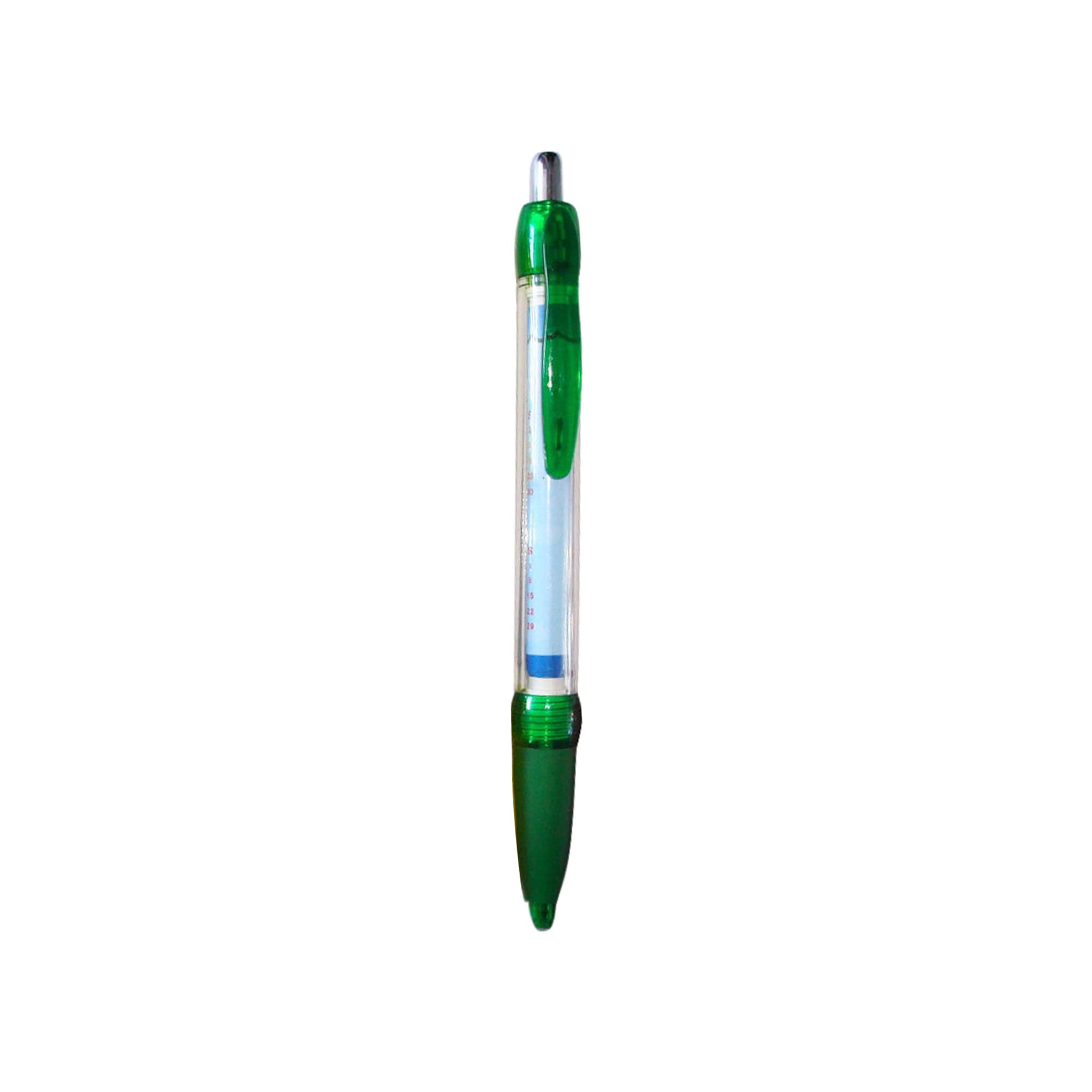 A plastic pen with a clear barrel and green accents, featuring a click mechanism and a logo.