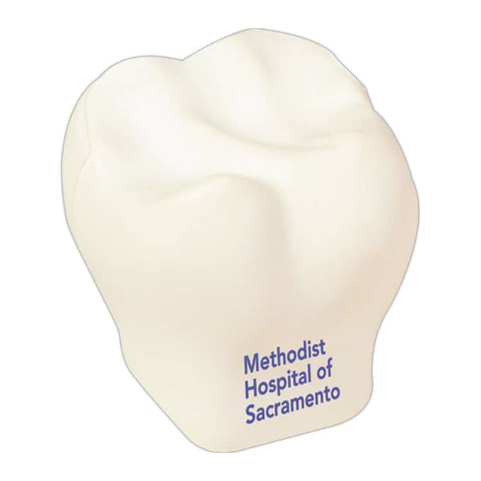 A white tooth-shaped stress reliever with a logo printed on it.