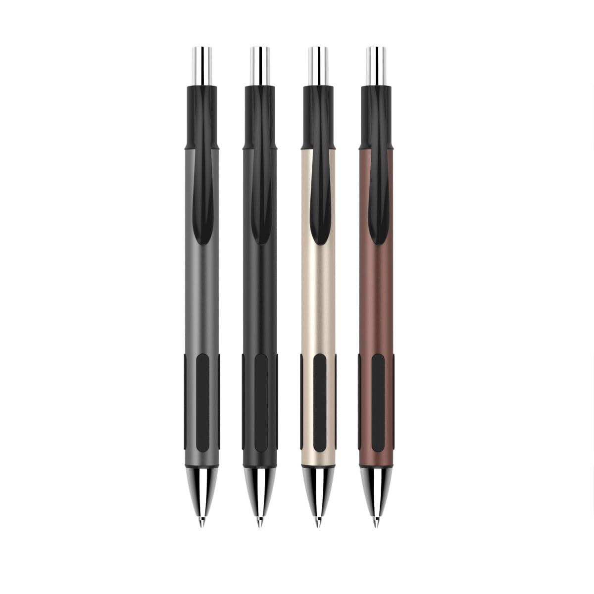 A set of four plastic pens in black, grey, gold, and brown, each featuring a sleek design and a branding logo.