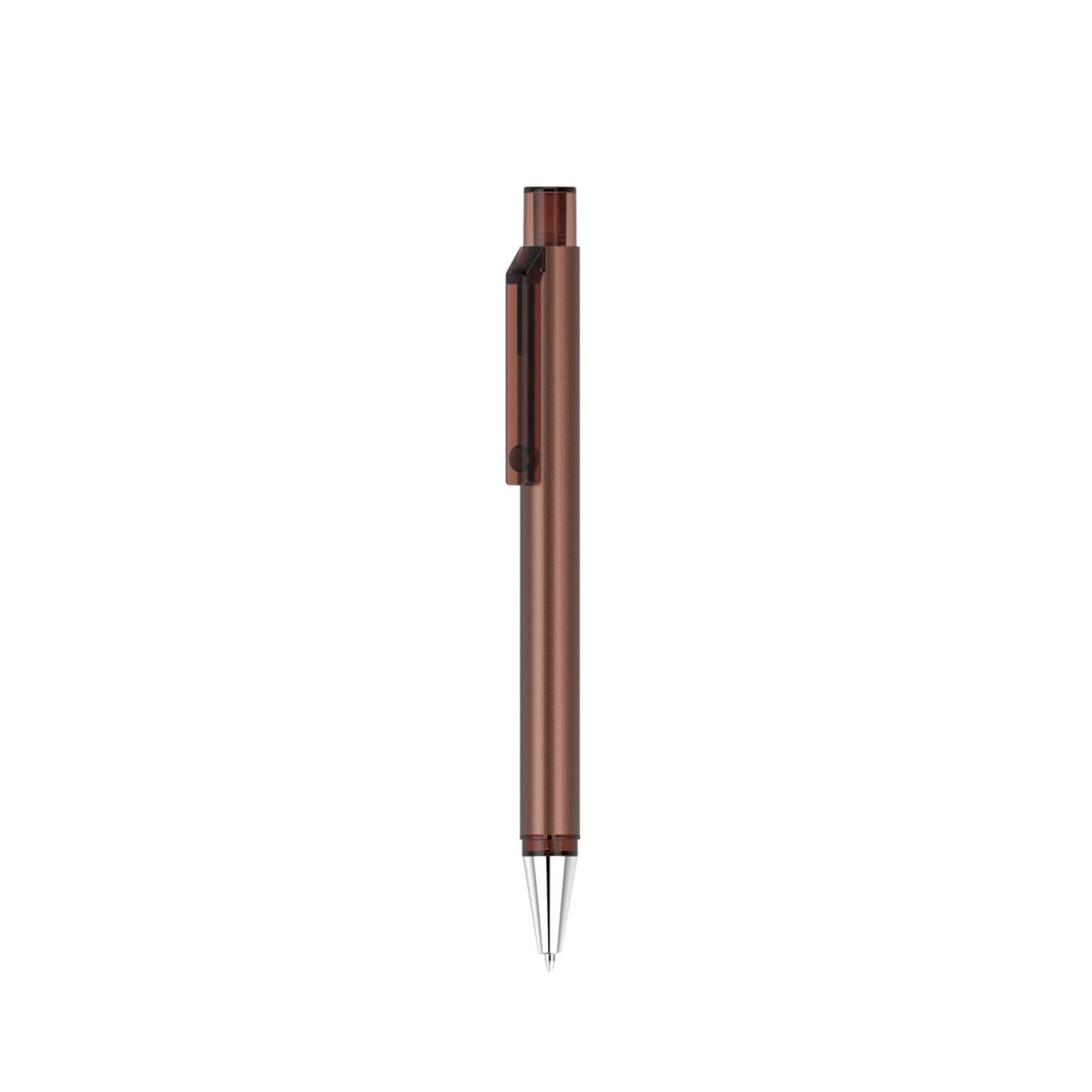 A brown plastic pen with a sleek design and a clip for easy attachment. It has a silver tip for writing.