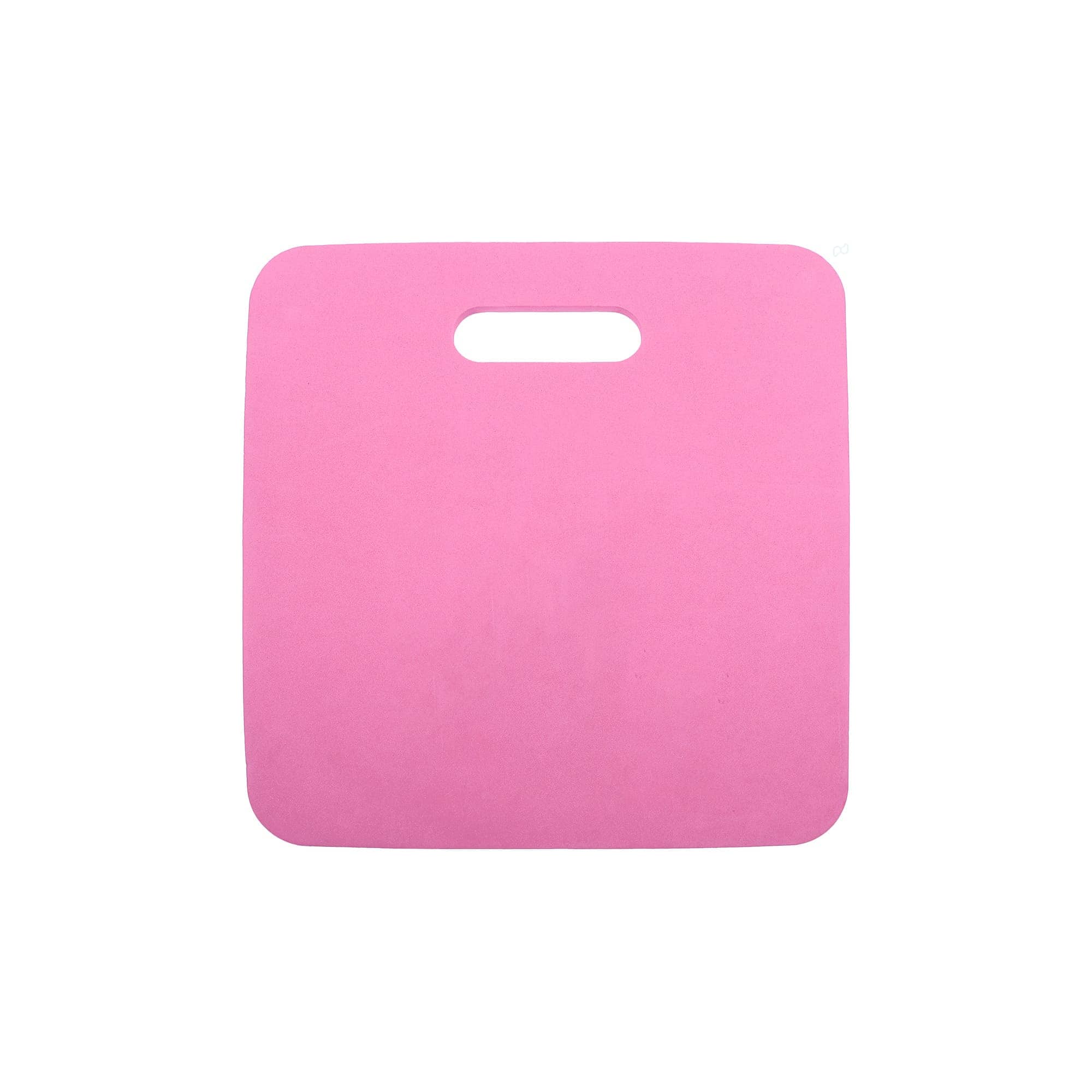 A pink stadium seat cushion with a handle, featuring a smooth surface and square design.