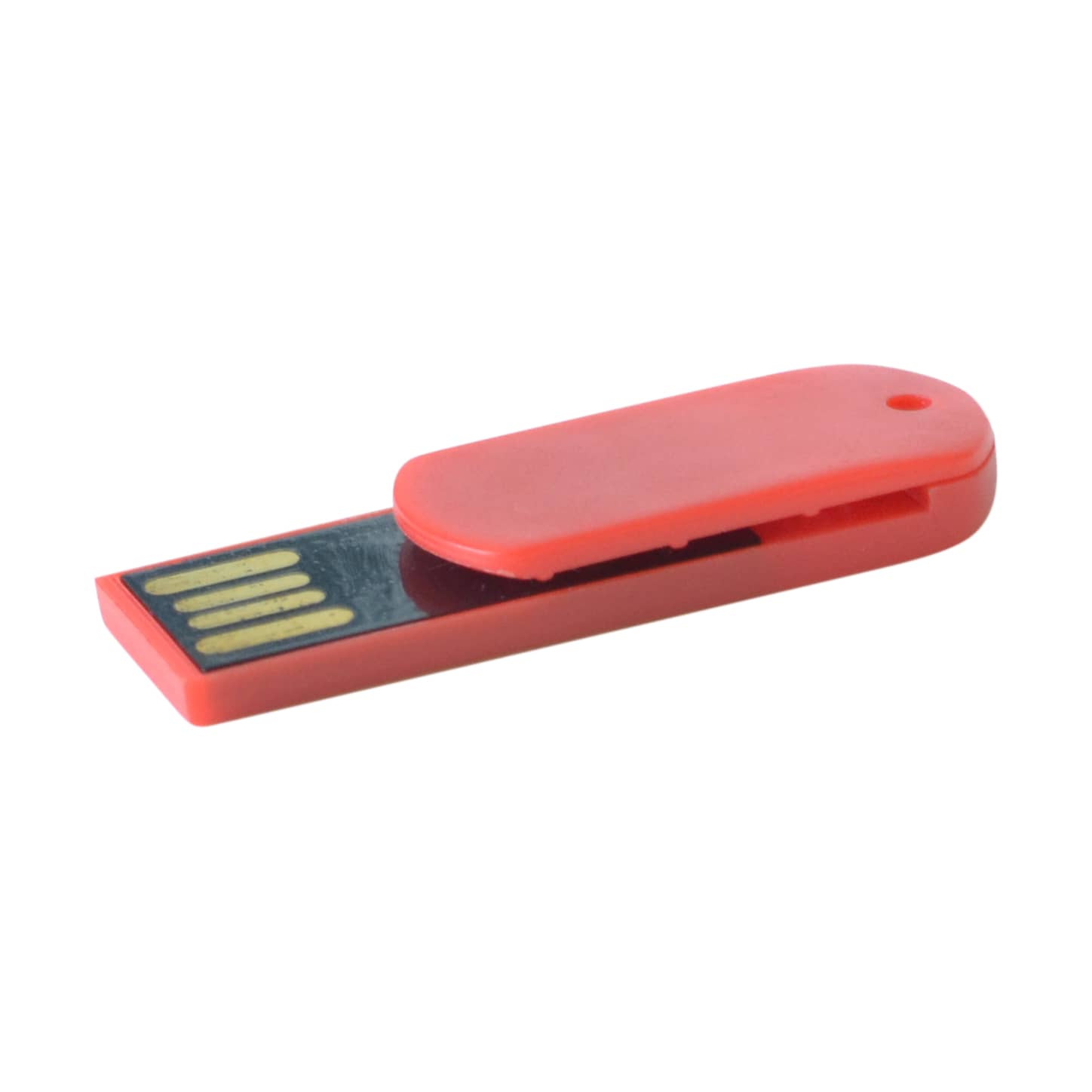 A red paper clip-style flash drive with a protective cap, featuring a small logo on the side.