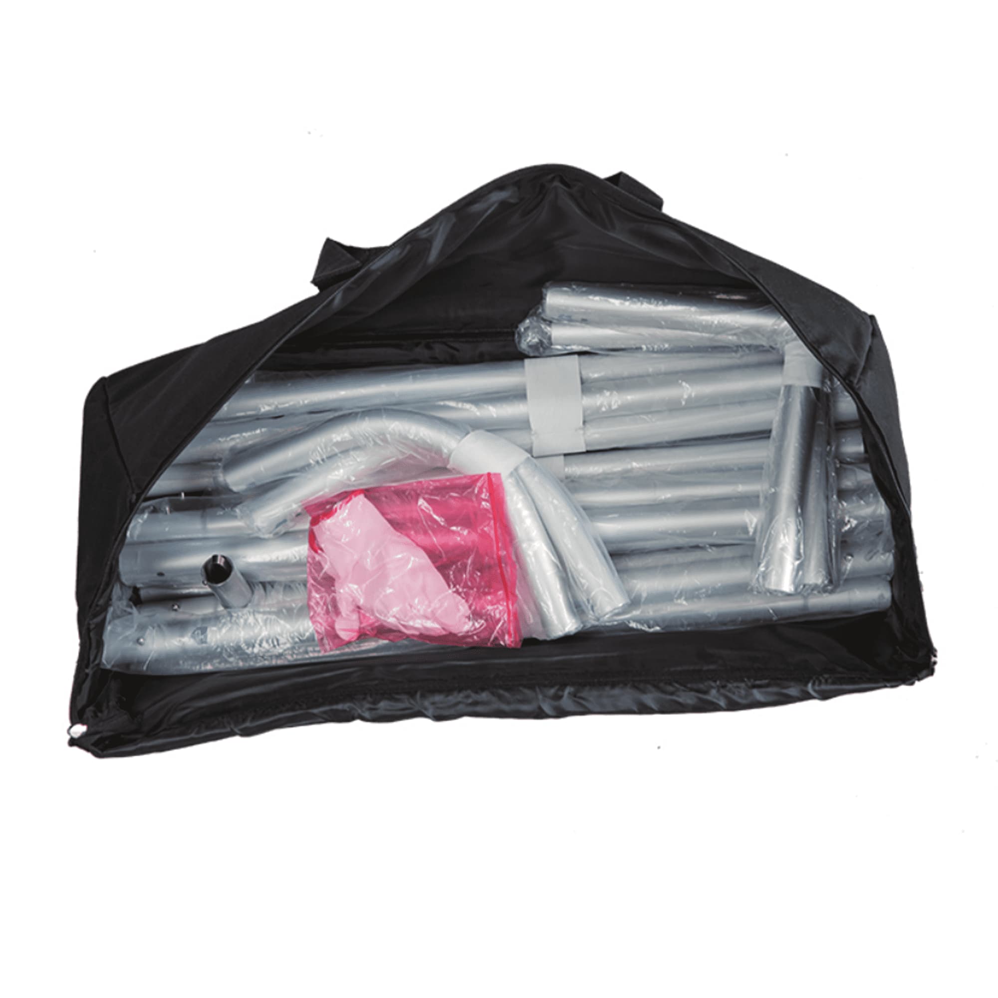 A black carrying bag containing grey display poles and a pink accessory pouch for the exhibit display wall.