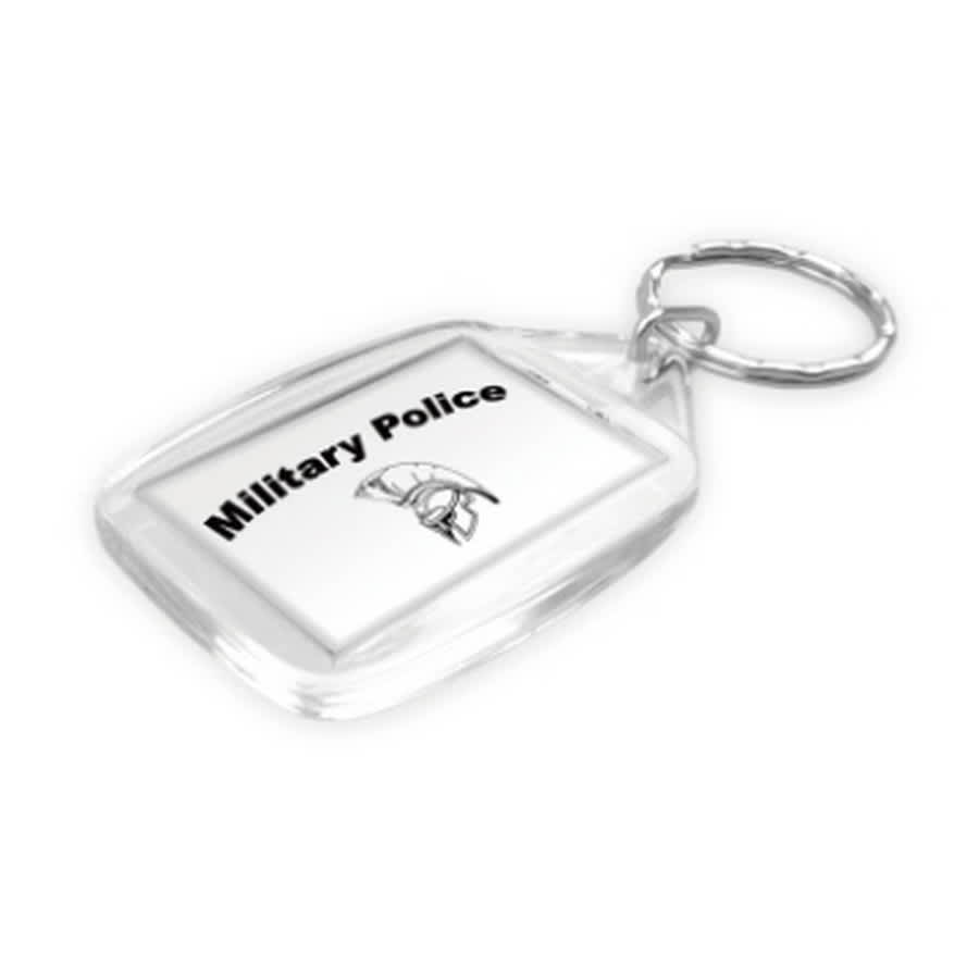 A rectangular acrylic keyring with a clear design and a metal keychain. It features a logo and text.