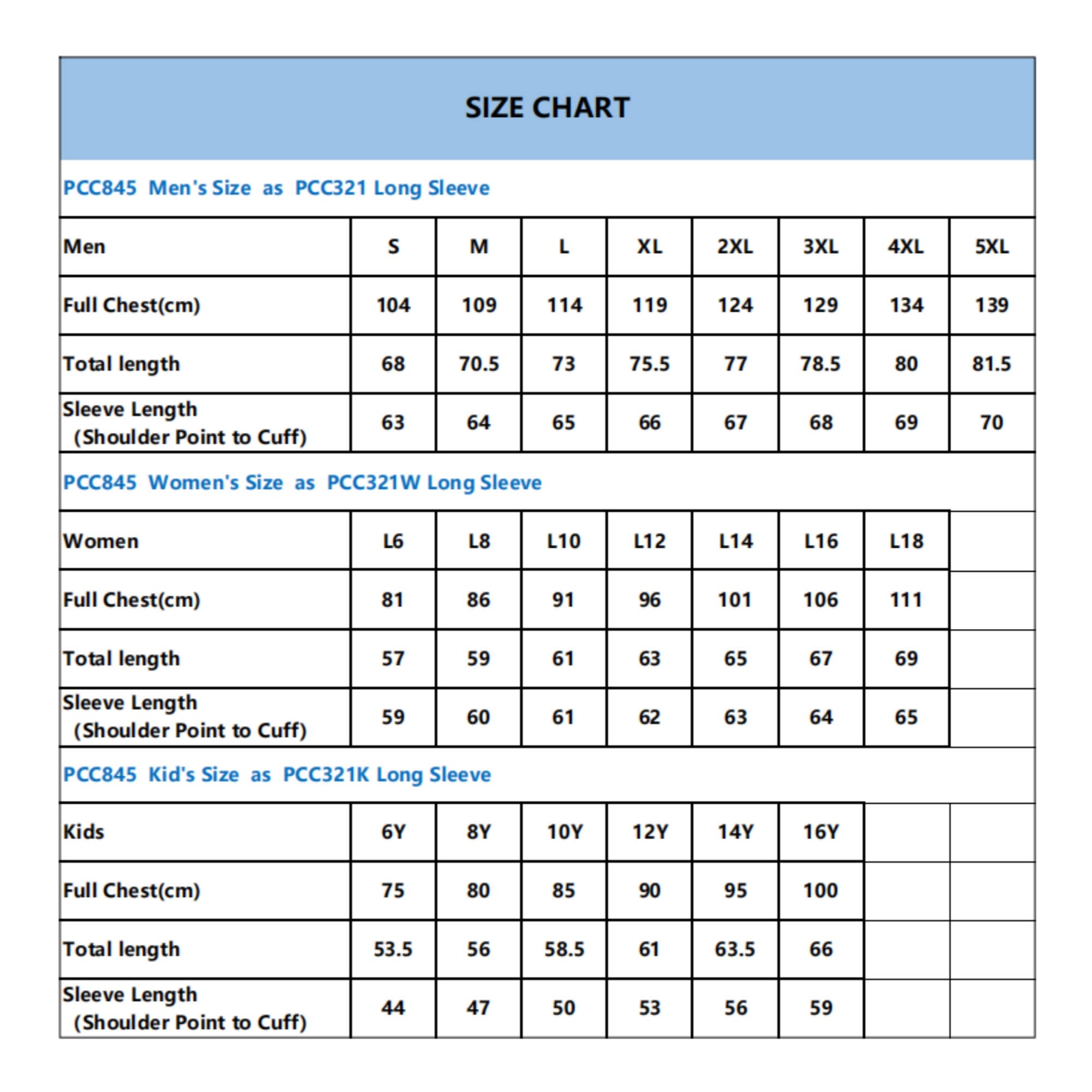 A size chart detailing measurements for men's, women's, and kids' long sleeve shirts, including chest and sleeve lengths.