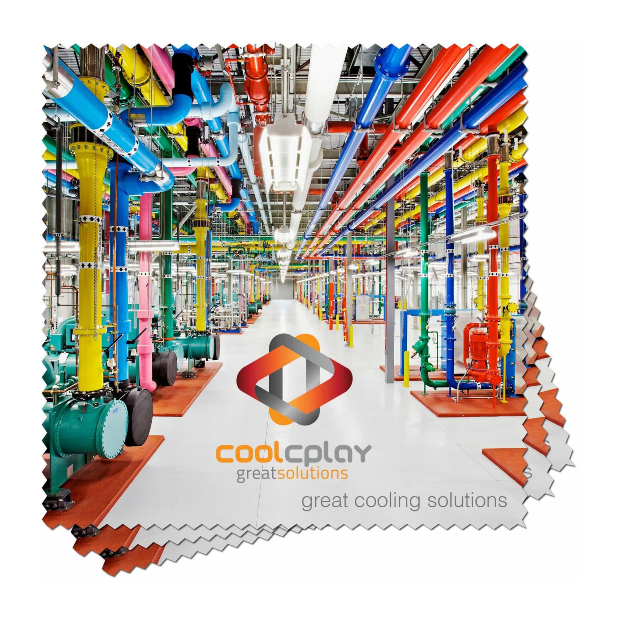 A microfibre lens cloth featuring a vibrant colourful design with pipes and machinery, and a logo at the centre.