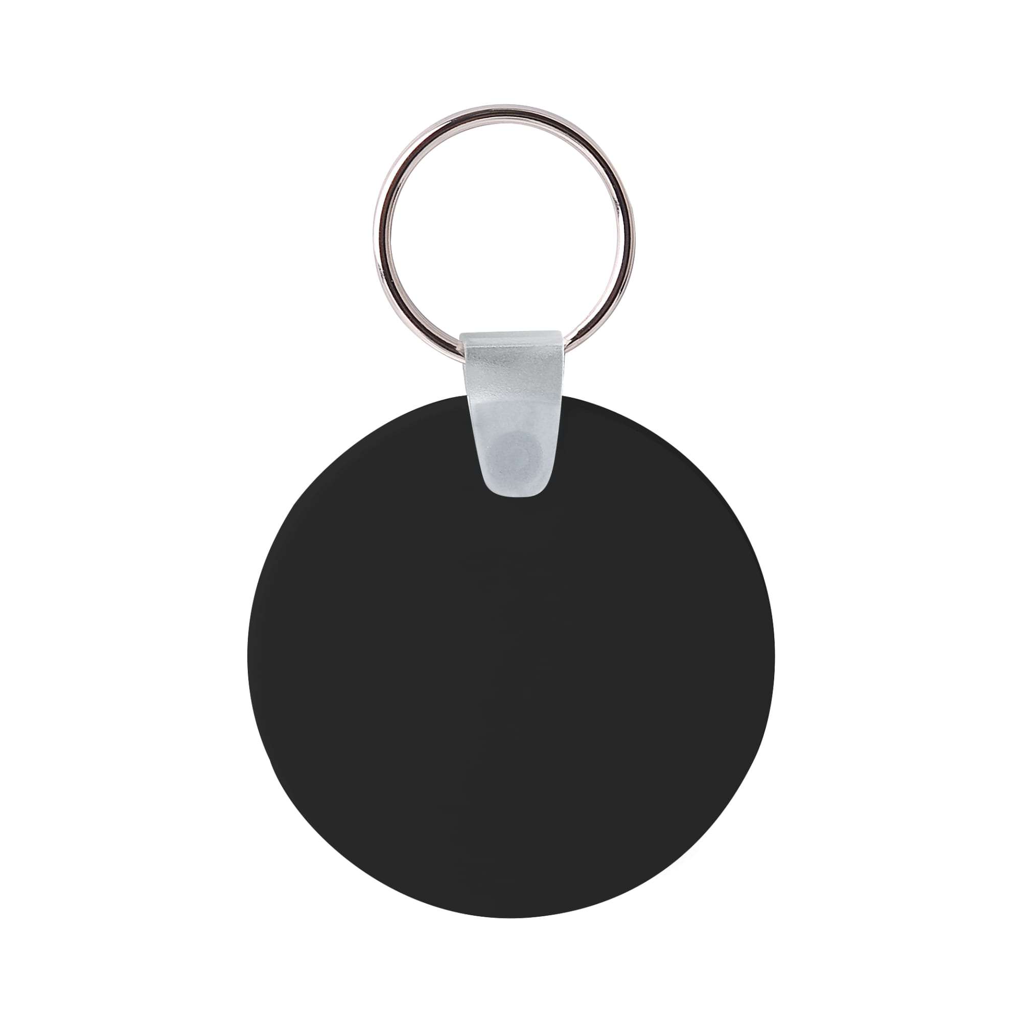 A round, black Durasoft keyring with a silver ring. The keyring has a smooth surface and a simple design.