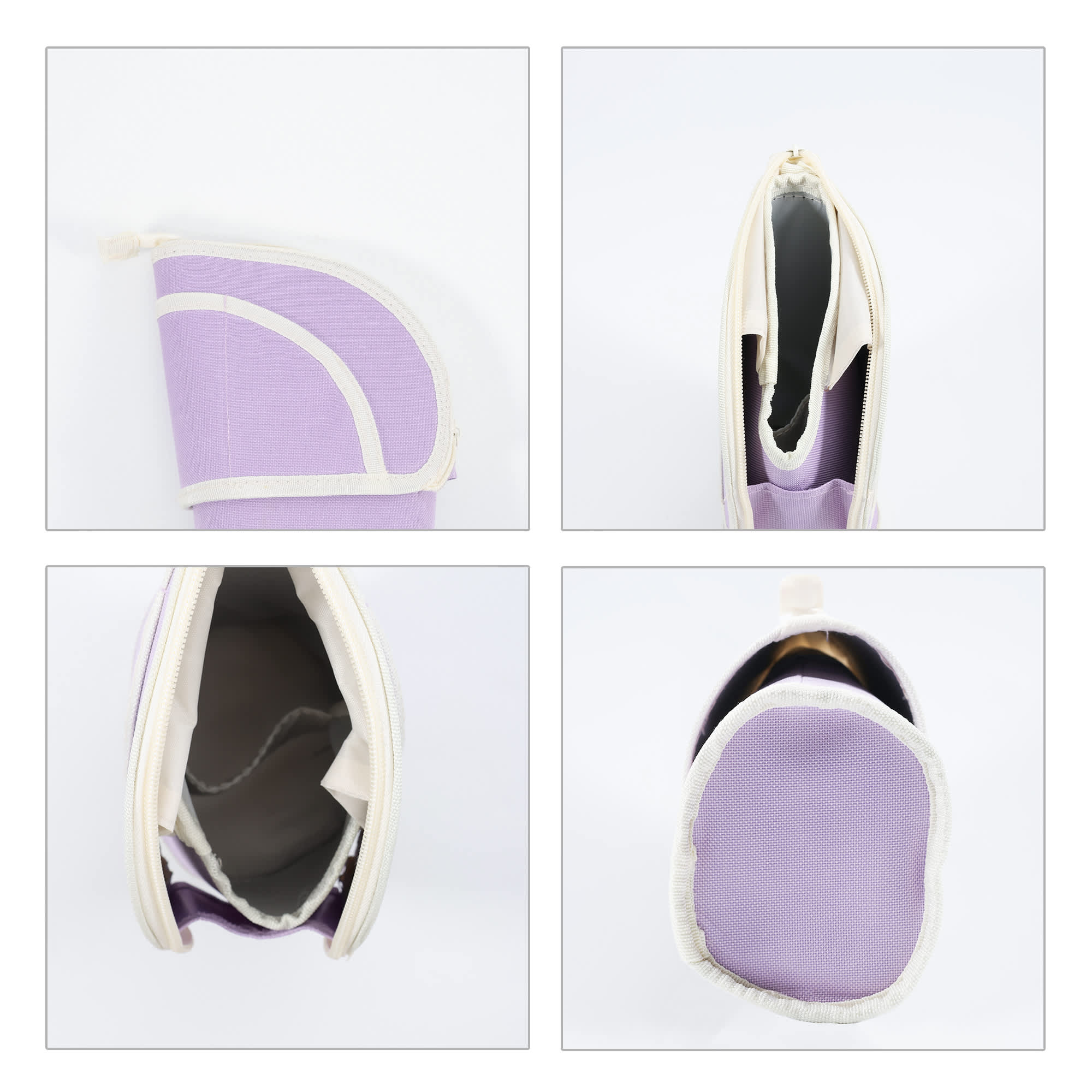 A purple expandable pencil case with a zipper, showing interior compartments and a rounded edge design.