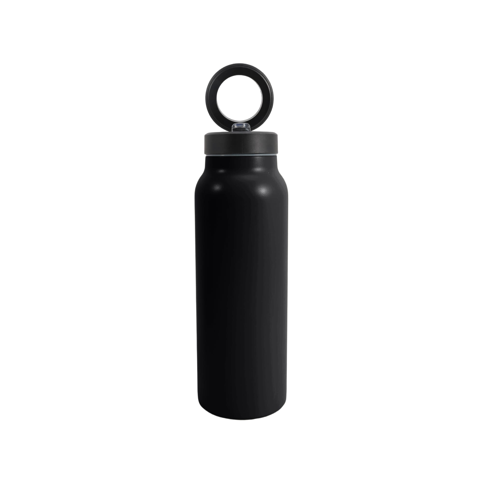 A drink bottle made of black stainless steel, featuring a vacuum design and a magnetic phone holder.