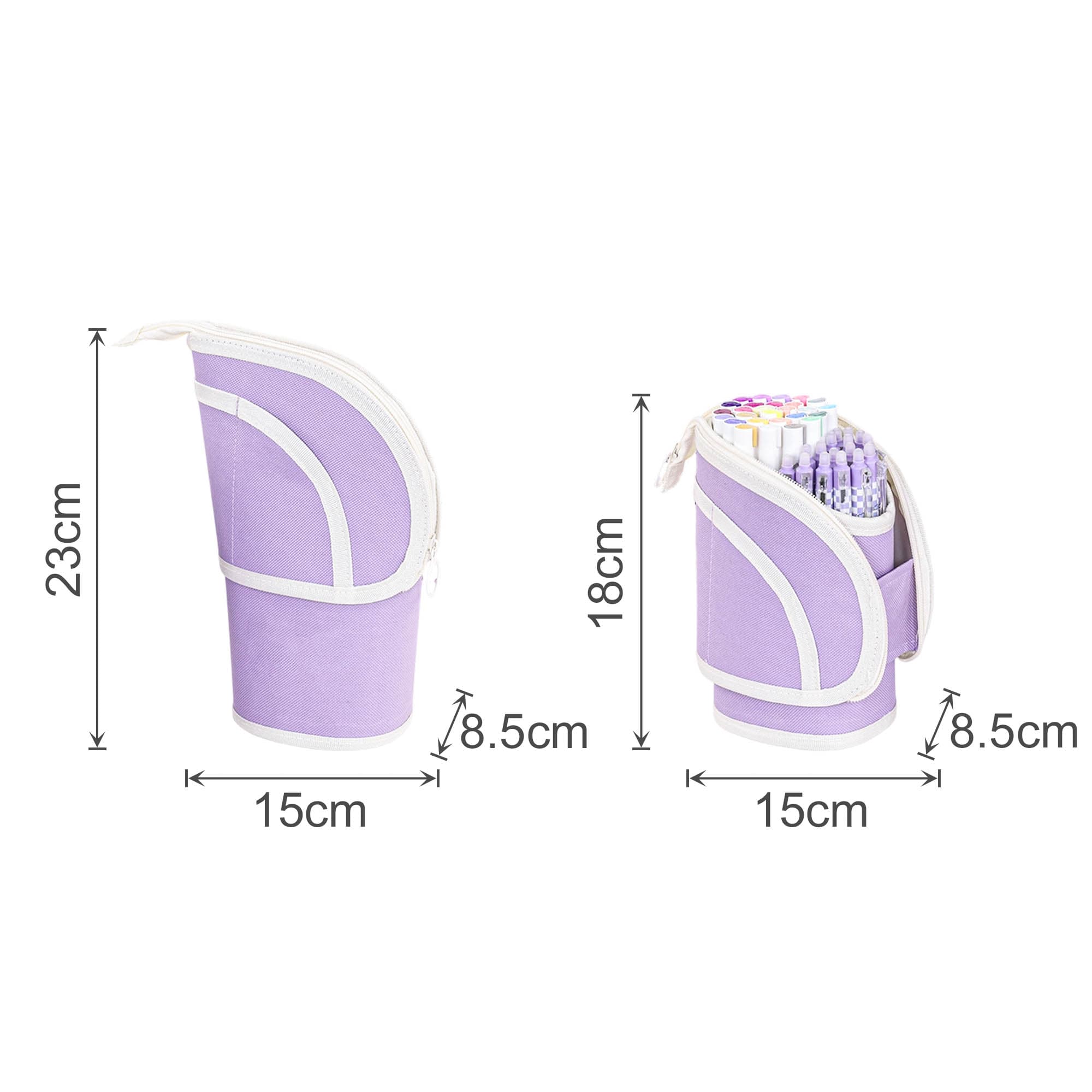 A purple expandable pencil case with a zipper, featuring multiple compartments for pens and stationery items.