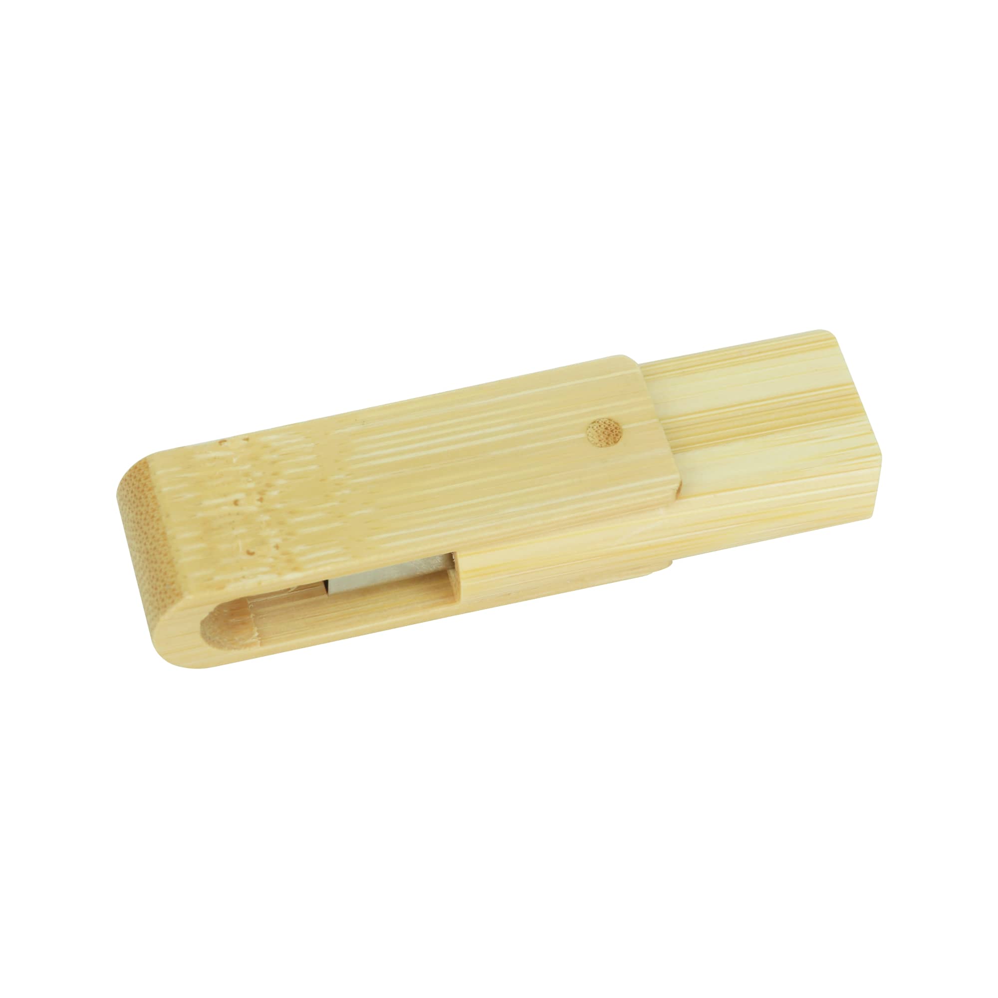 A wooden flash drive in a light bamboo colour with a sliding design and a logo.