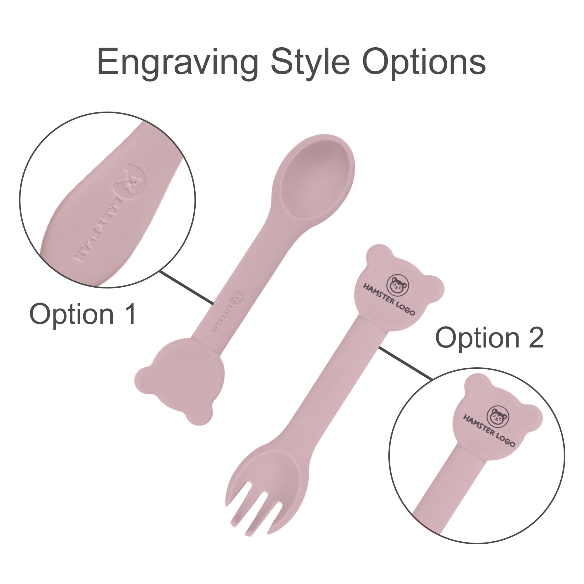 A pink silicone kids cutlery set featuring a spoon and fork with bear-shaped handles, displaying engraving style options.