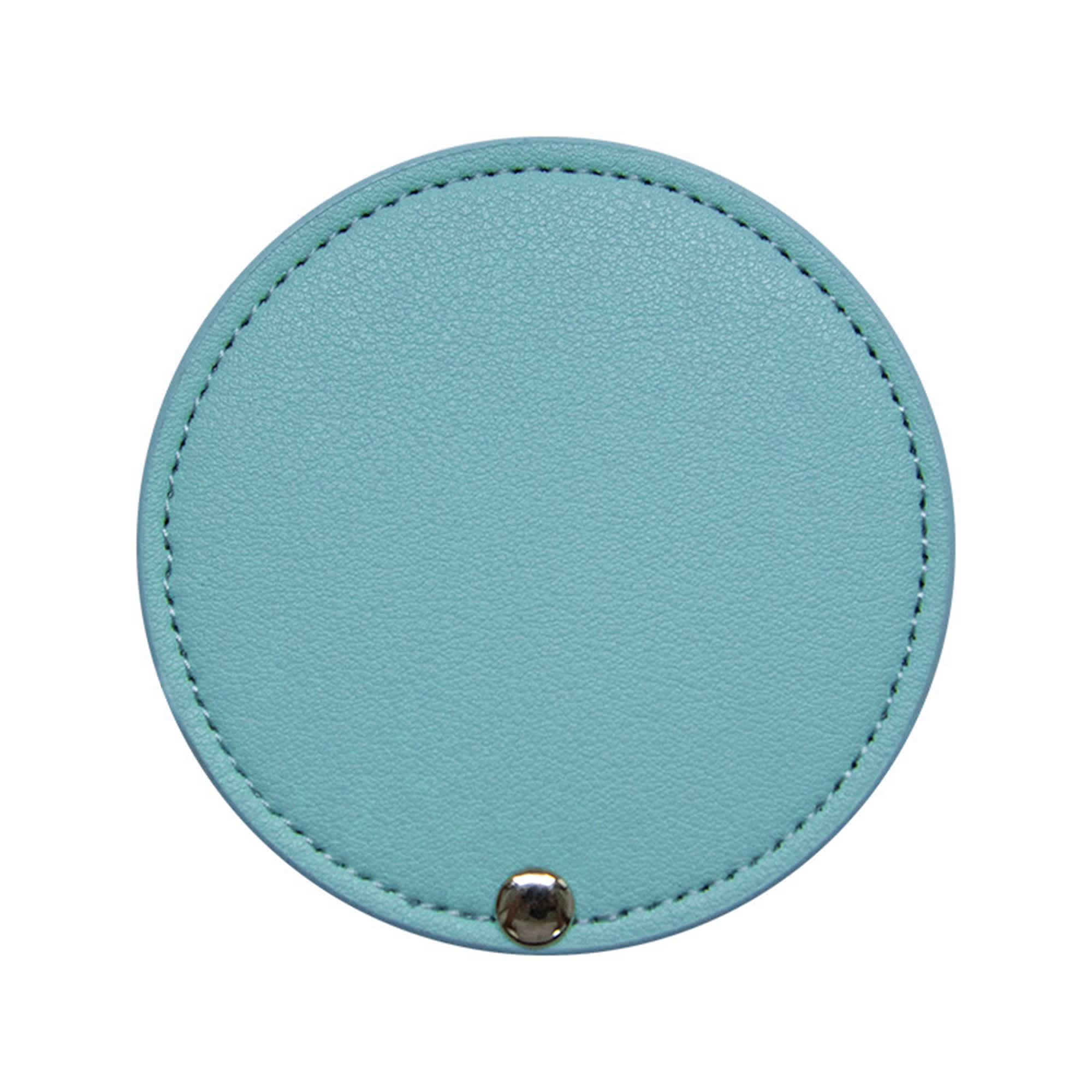A round makeup mirror in a light blue colour with a stitched edge and a small metallic button.