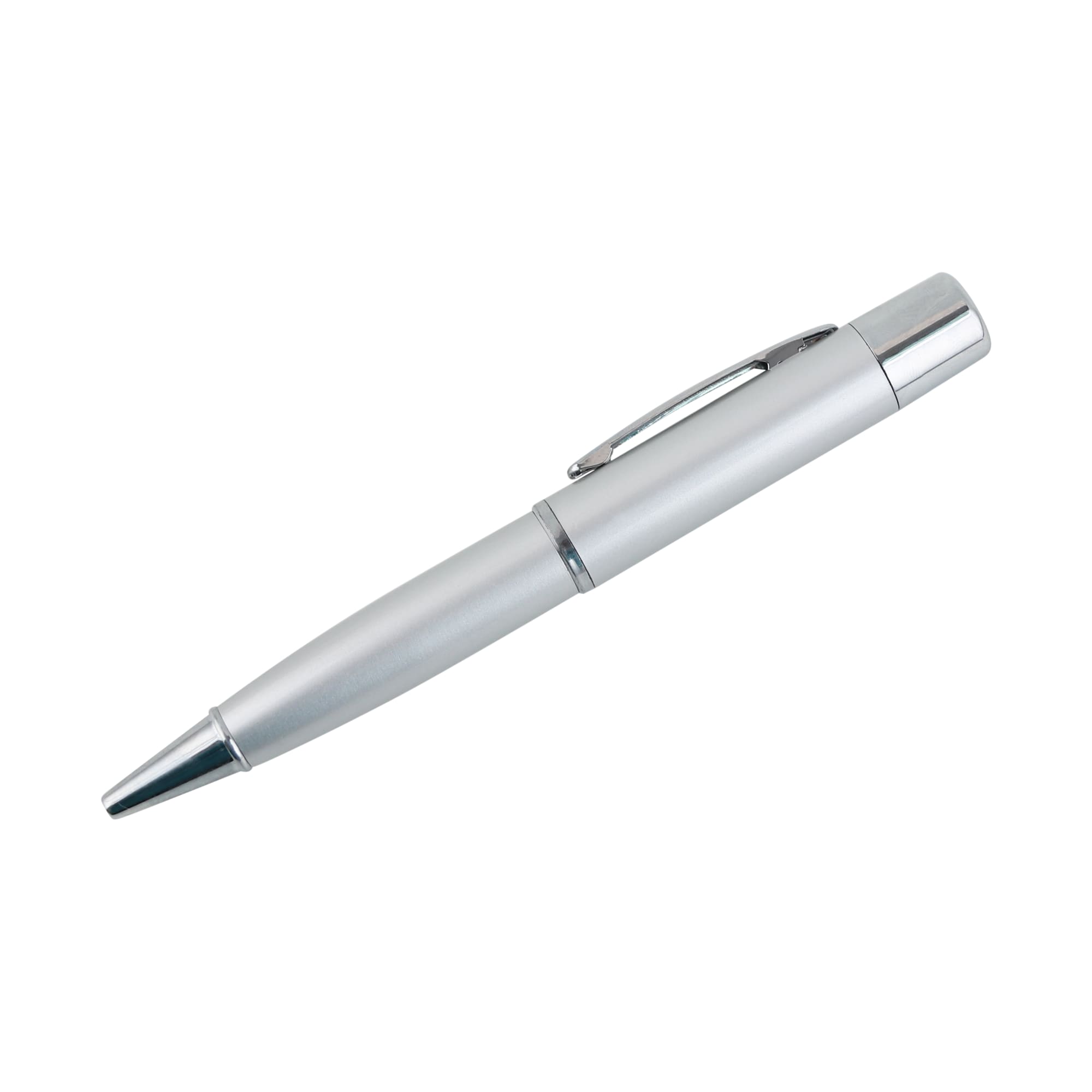 A silver metal pen with a sleek design and a clip, featuring a branding logo.