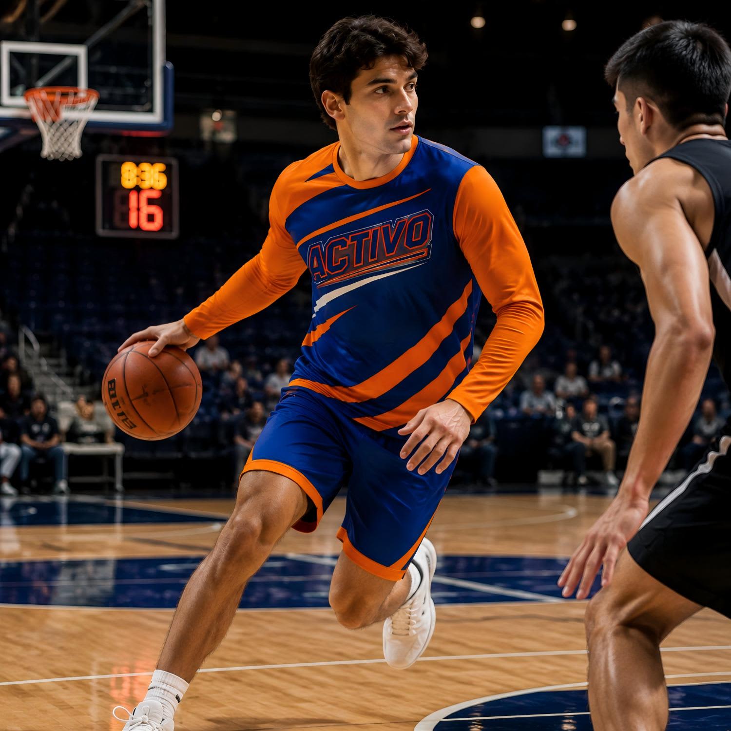 A sports uniform featuring a blue and orange long-sleeve shirt with a logo, worn during a basketball game.