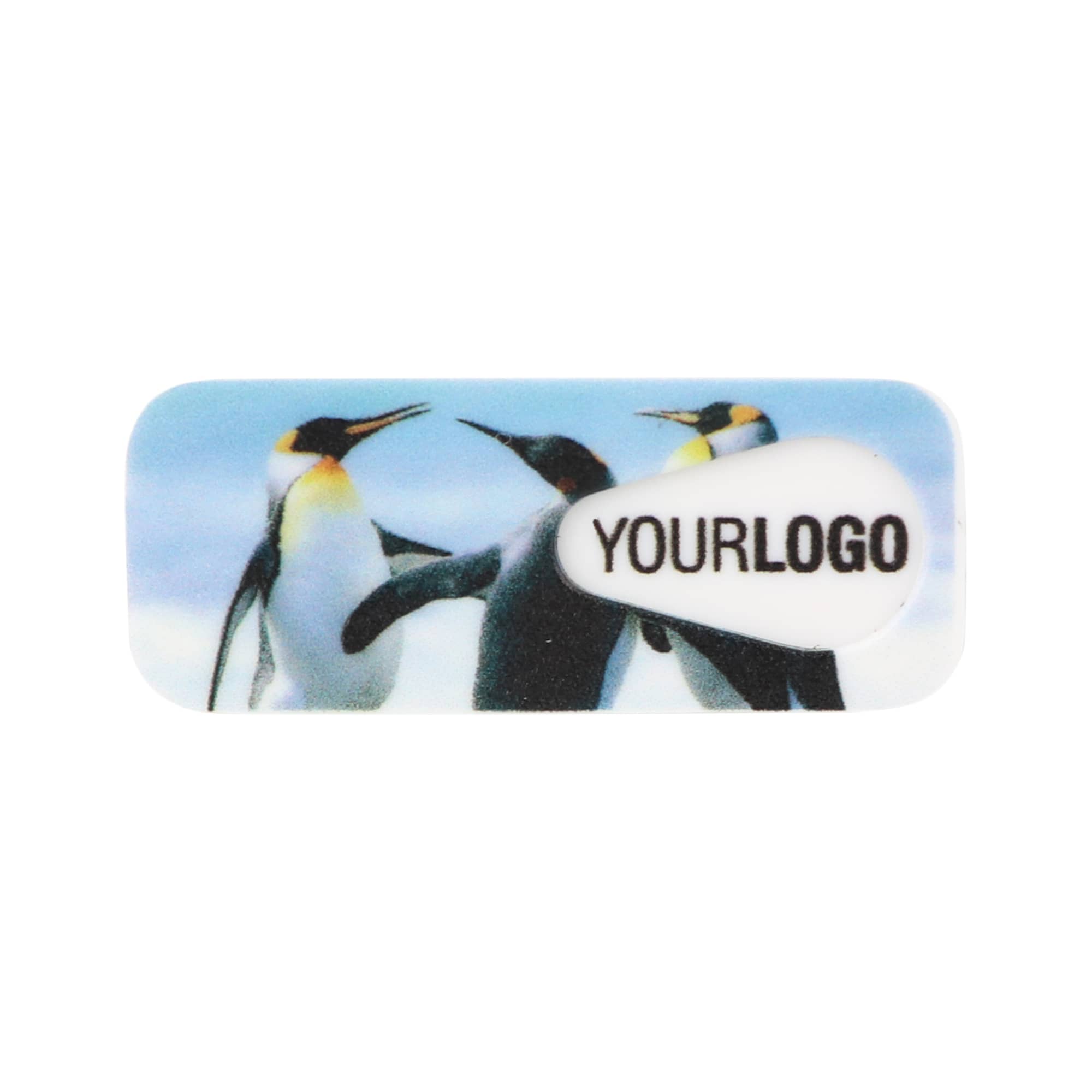 A smart webcam cover featuring a design of penguins, with a logo on a white background.