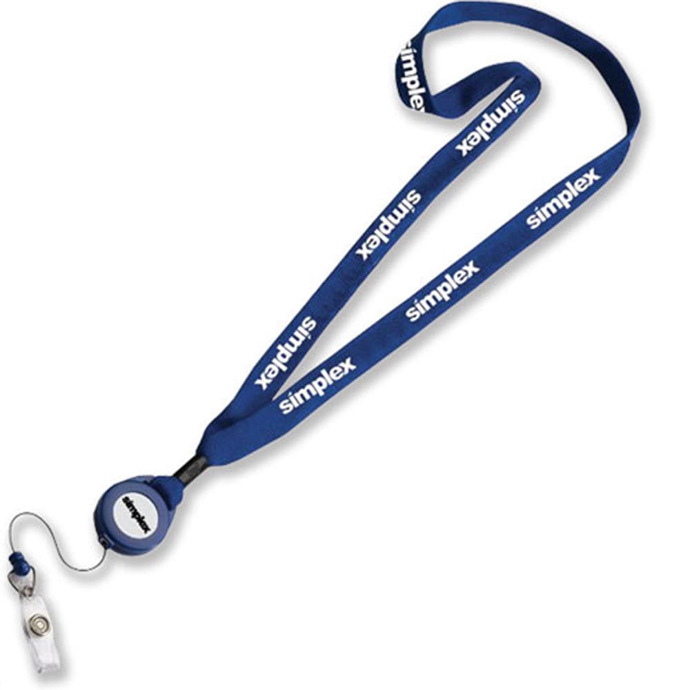 A blue cotton lanyard with a retractable badge holder and a branding logo.