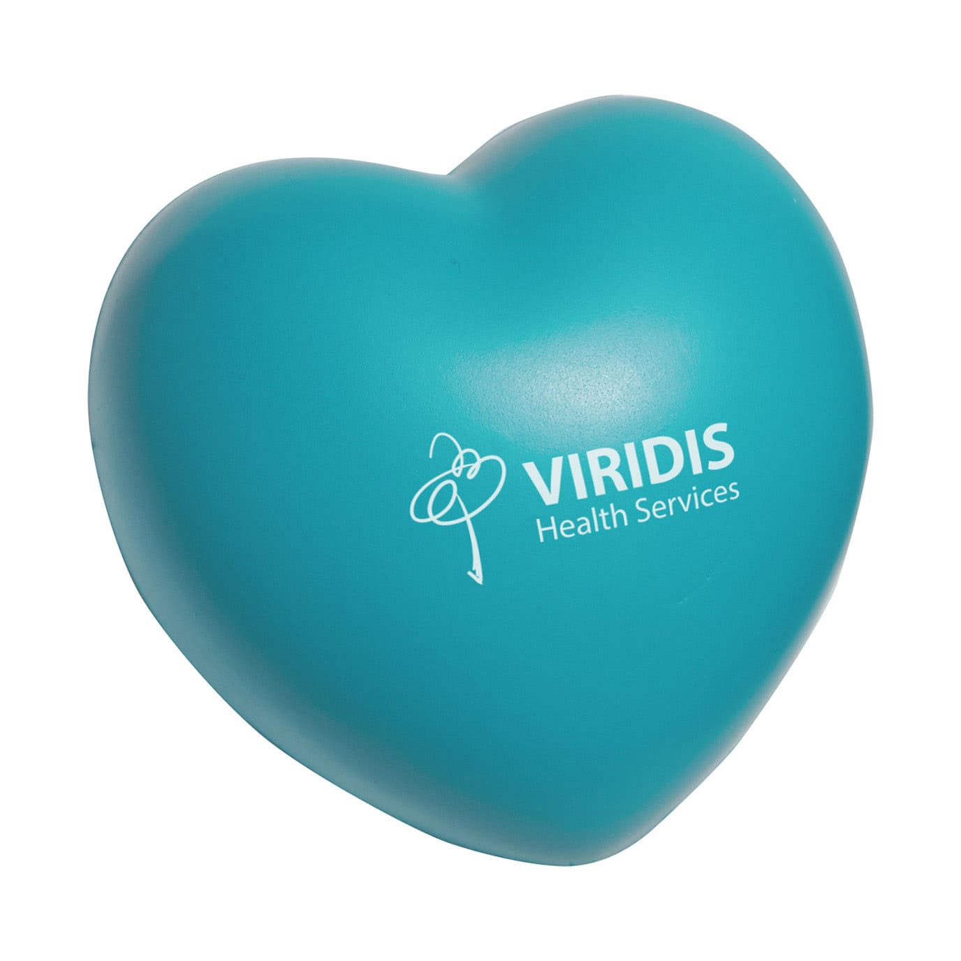 A turquoise heart-shaped stress reliever with a logo, designed as a fun keyring accessory.
