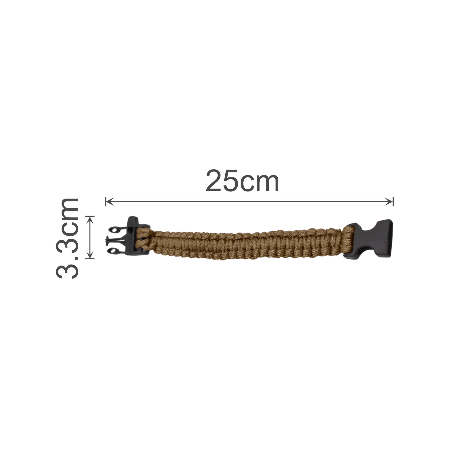 A tan paracord bracelet with a black clip, measuring 25cm in length and 3.3cm in width, featuring a whistle.