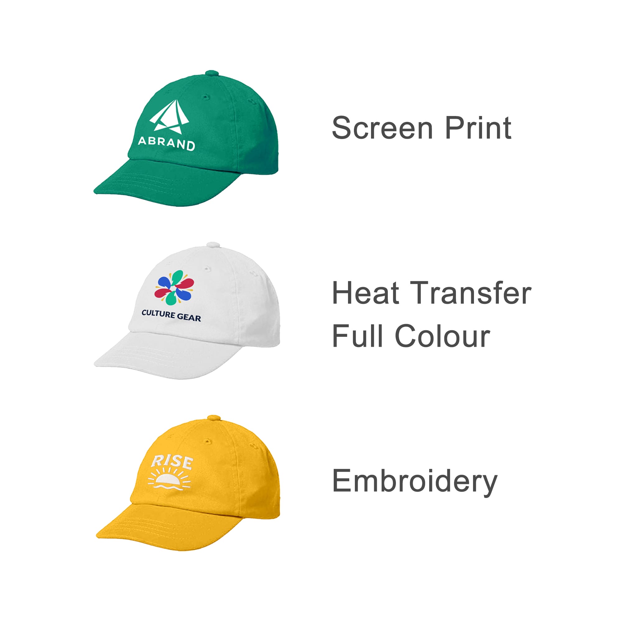Three caps displayed: a green cap with a logo, a white cap with a logo, and a yellow cap with embroidery.