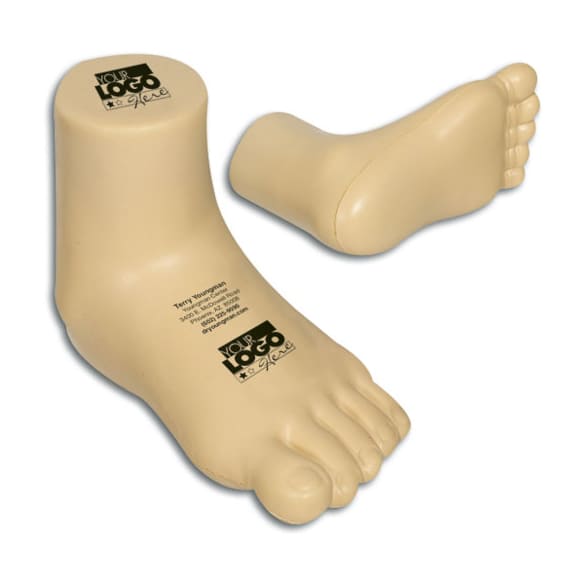 A cream-coloured leg-shaped stress reliever featuring a detailed foot design and a branding logo on the top.
