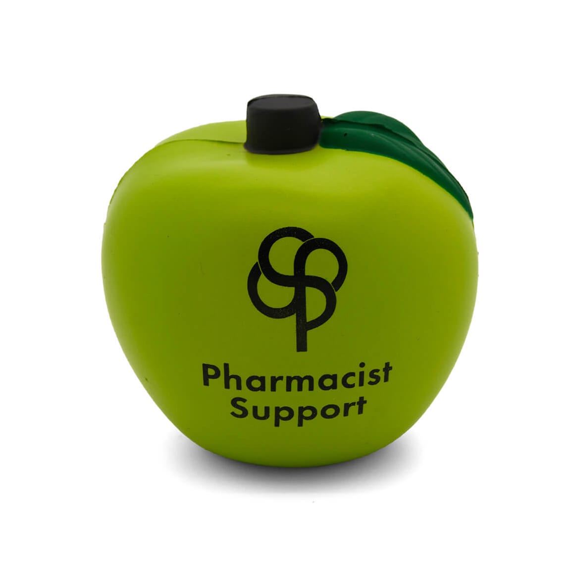 A green apple-shaped stress reliever with a black top and a logo on the front.
