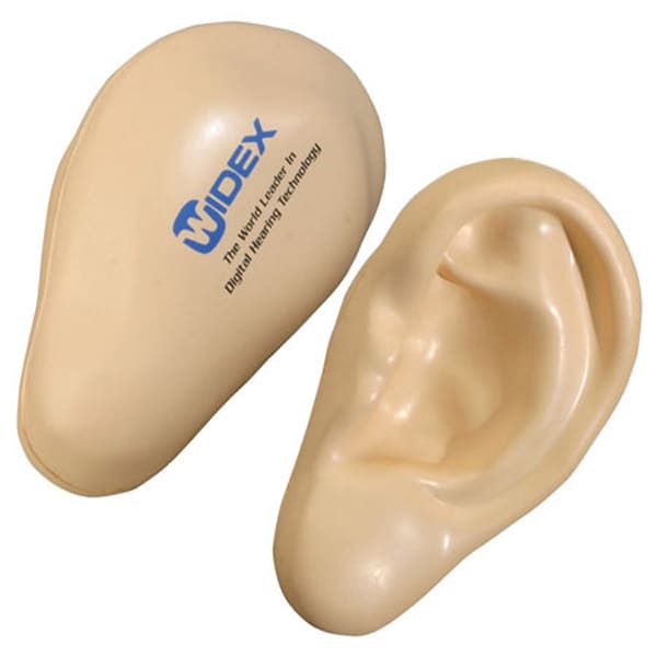 A beige ear-shaped stress reliever with a logo, featuring a smooth, soft texture.