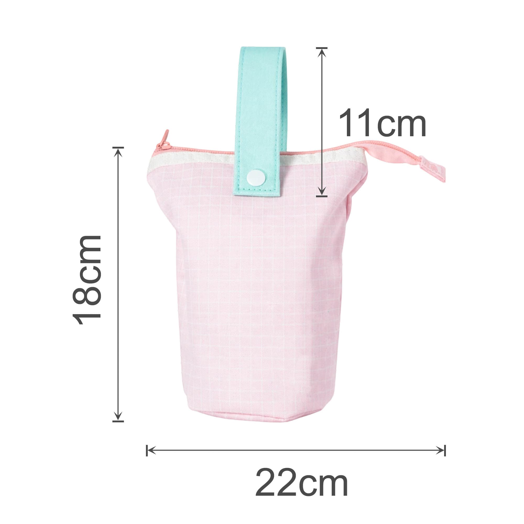 A foldable pencil case in pink with a mint green handle, featuring dimensions of 22cm x 18cm x 11cm.