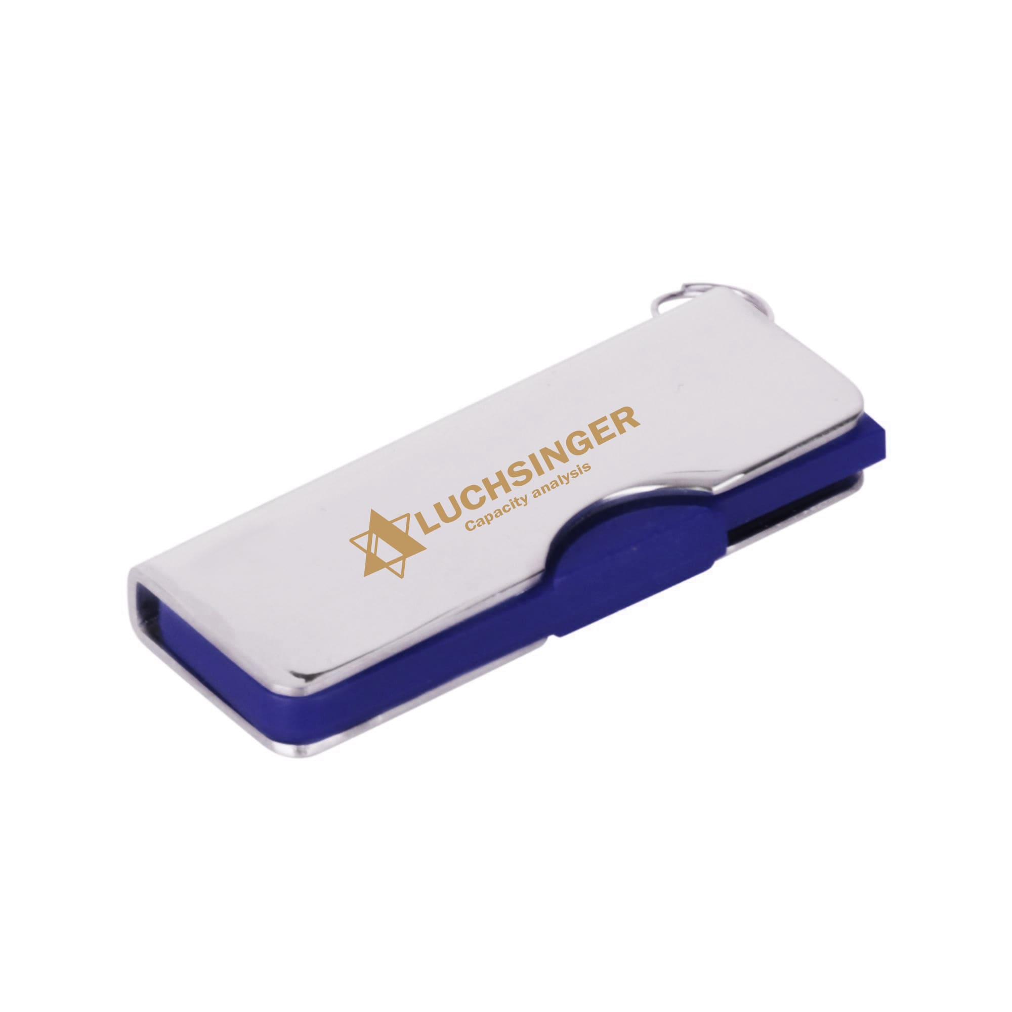A silver and blue alloy flash drive with a logo on the surface, designed for technology use.