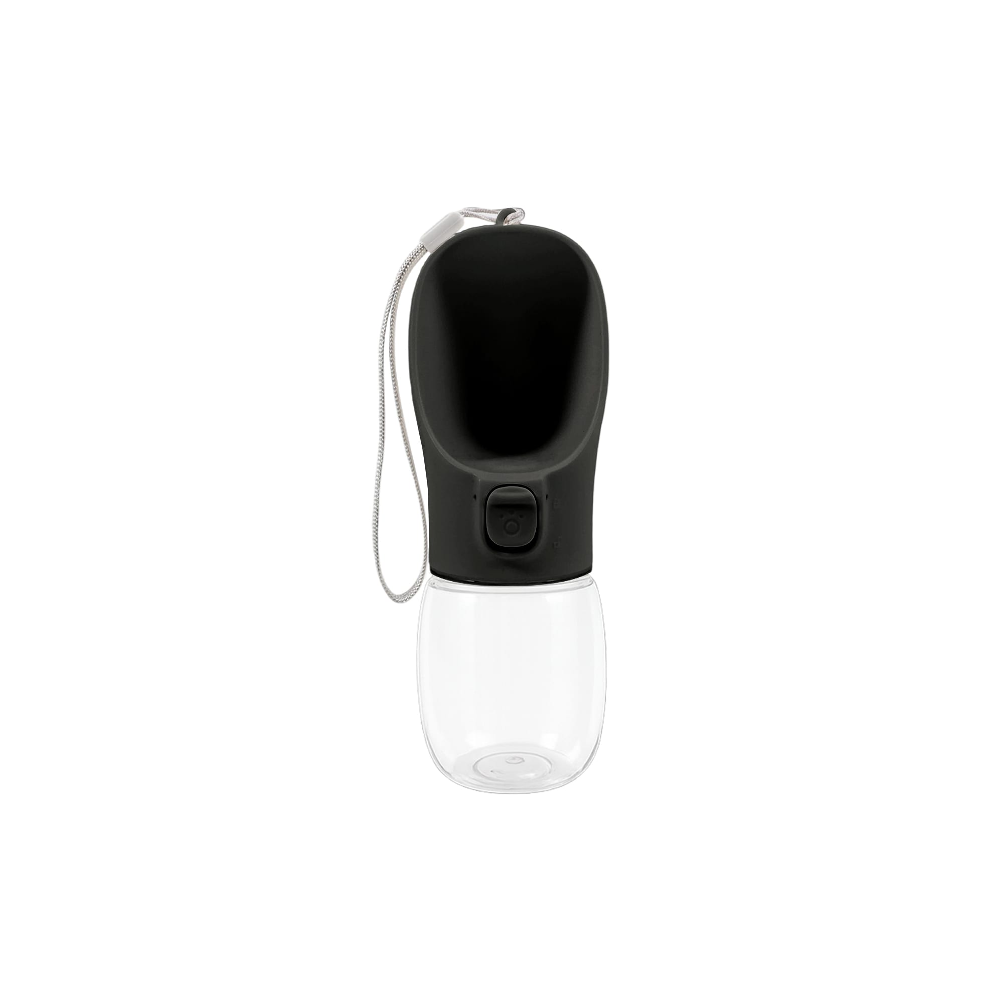 A drink bottle with a black top and clear base, featuring a strap and a button. It includes a logo on the design.