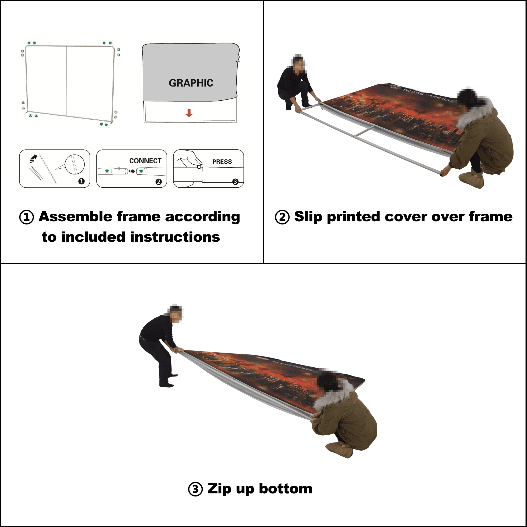 An illustration of assembling a straight tension fabric display wall with frames and printed covers.