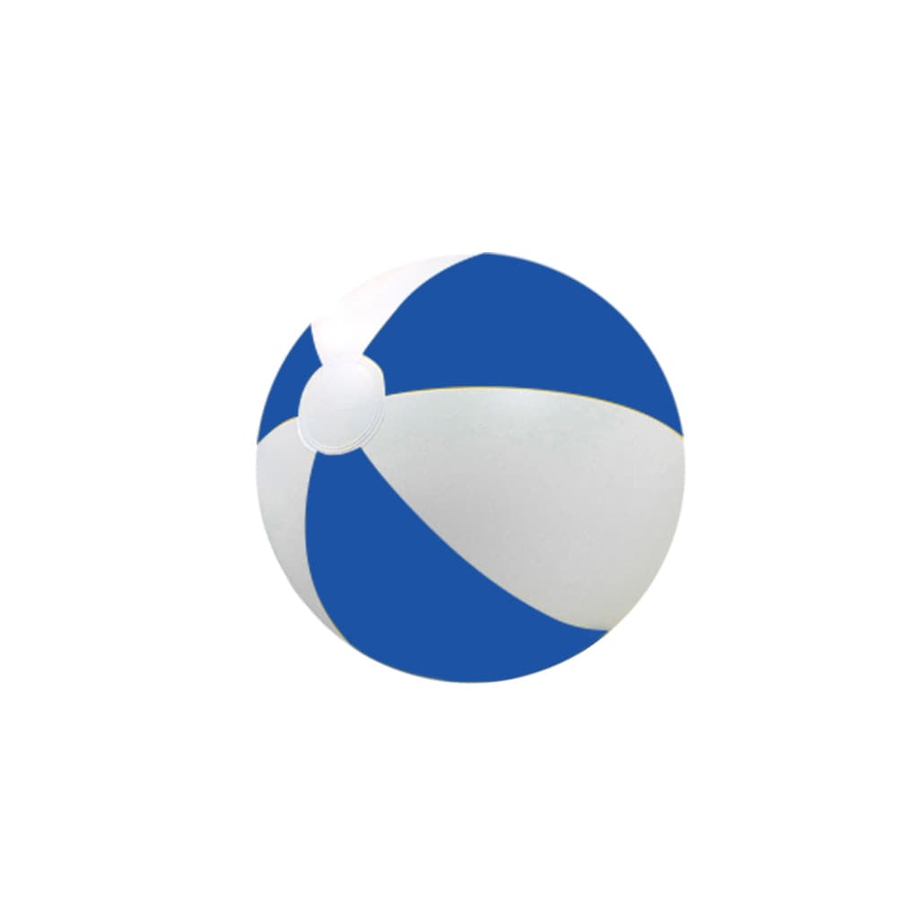 An inflatable beach ball featuring blue and white panels, designed for leisure and outdoor activities.
